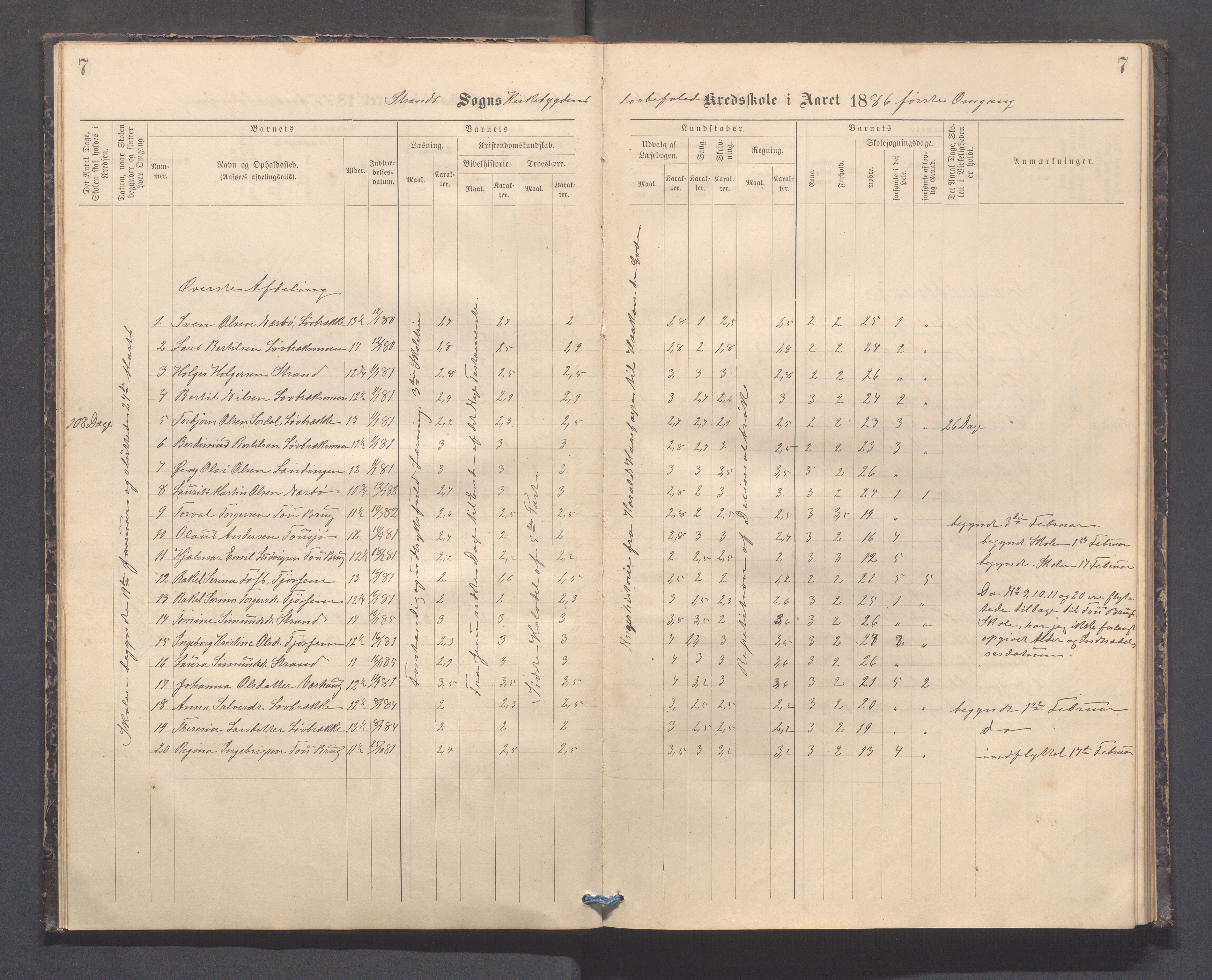 Strand kommune - Kyrkjebygda skole/Breidablikk skole/Tau skole, IKAR/A-154/H/L0001: Skoleprotokoll for Kyrkjebygda krins, 1884-1896, p. 7