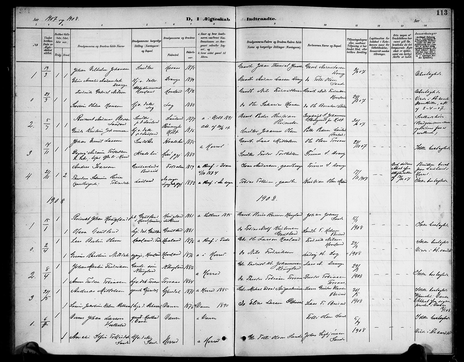 Herad sokneprestkontor, AV/SAK-1111-0018/F/Fb/Fba/L0005: Parish register (copy) no. B 5, 1899-1921, p. 113