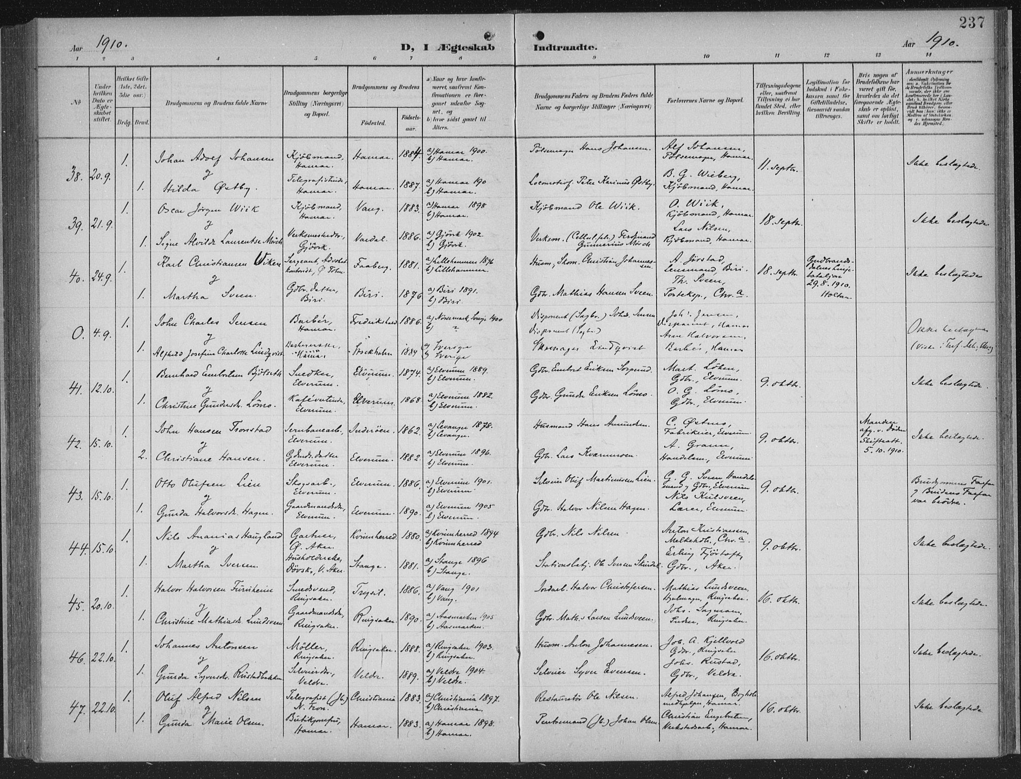 Hamar prestekontor, AV/SAH-DOMPH-002/H/Ha/Haa/L0001: Parish register (official) no. 1, 1900-1914, p. 237