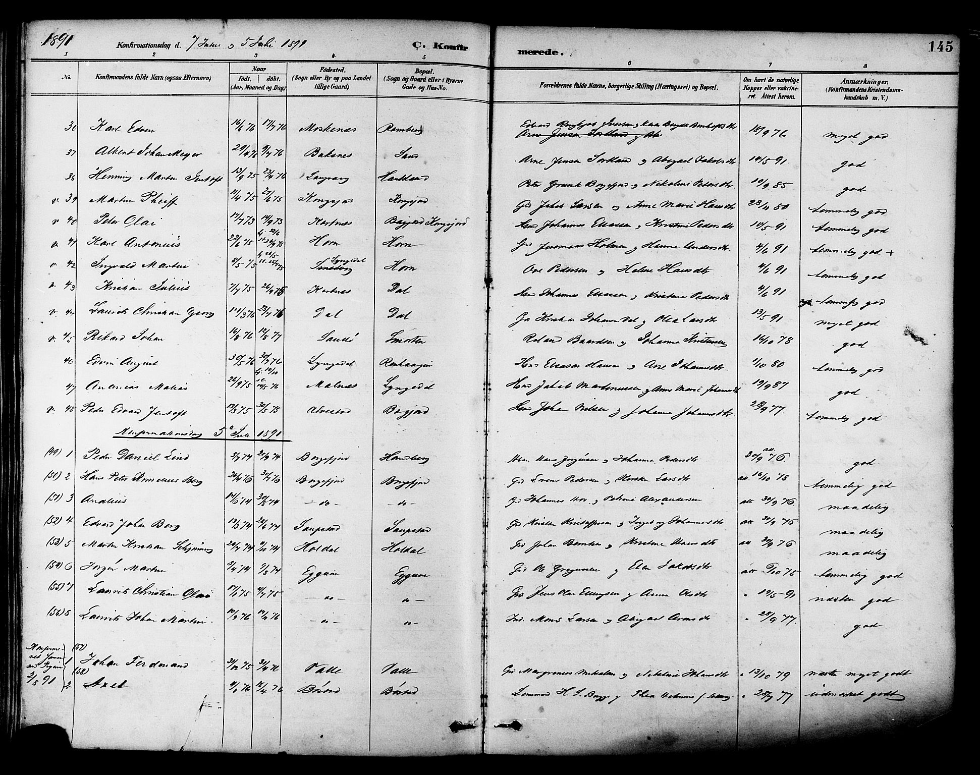 Ministerialprotokoller, klokkerbøker og fødselsregistre - Nordland, AV/SAT-A-1459/880/L1133: Parish register (official) no. 880A07, 1888-1898, p. 145