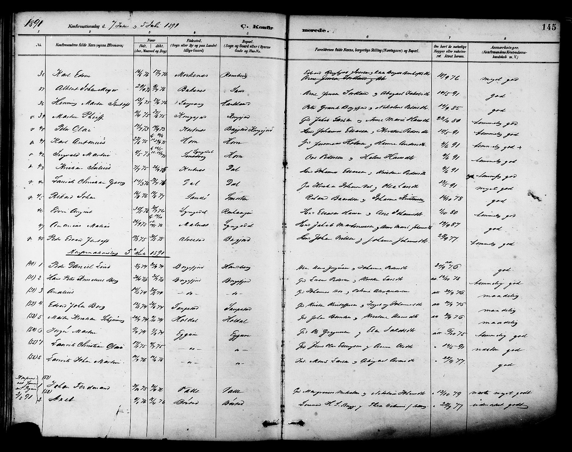 Ministerialprotokoller, klokkerbøker og fødselsregistre - Nordland, AV/SAT-A-1459/880/L1133: Parish register (official) no. 880A07, 1888-1898, p. 145