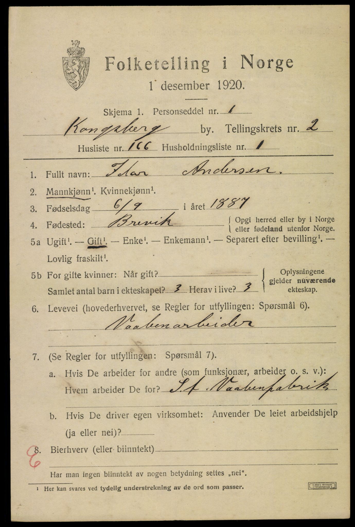 SAKO, 1920 census for Kongsberg, 1920, p. 9190