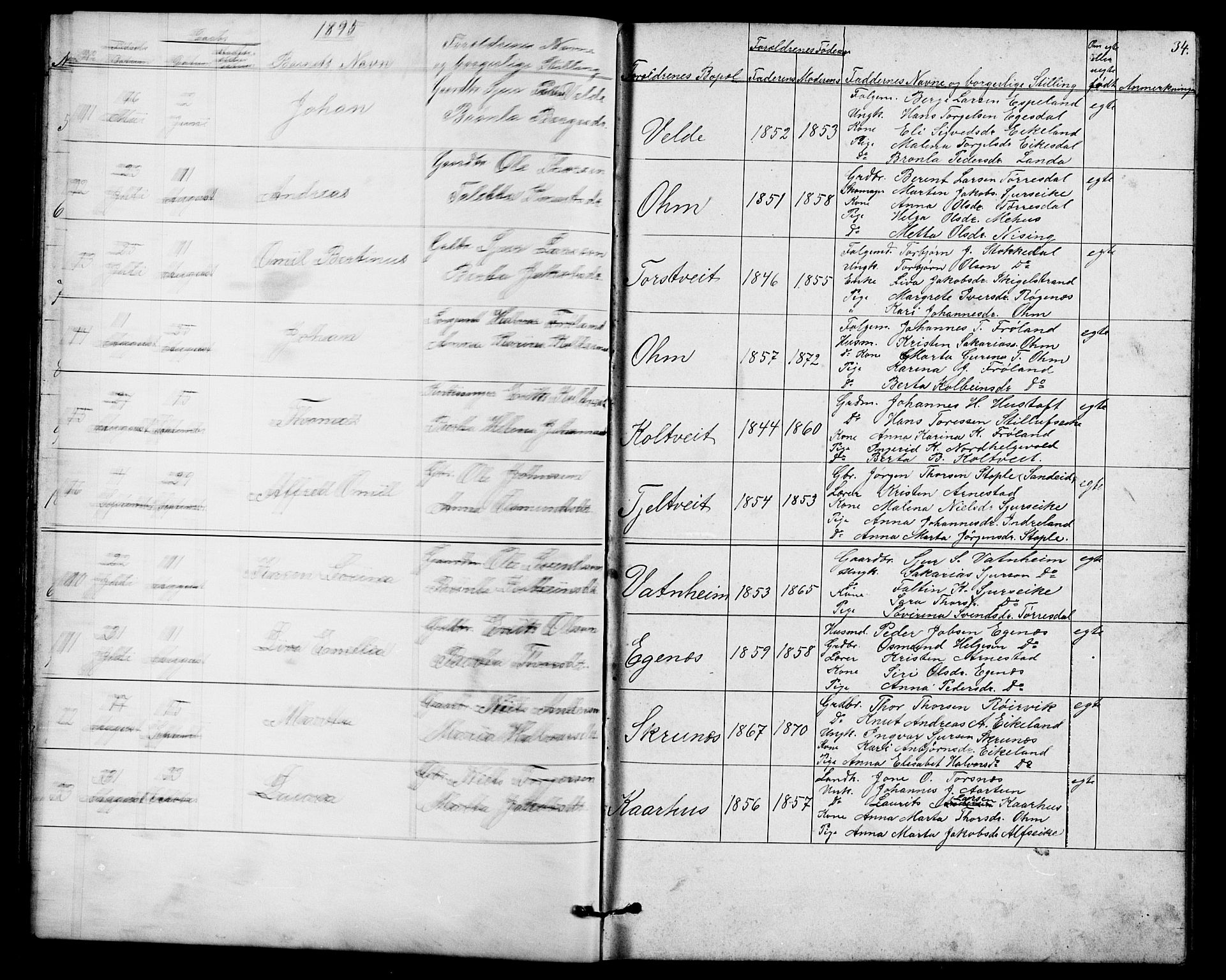 Skjold sokneprestkontor, SAST/A-101847/H/Ha/Hab/L0006: Parish register (copy) no. B 6, 1881-1913, p. 34