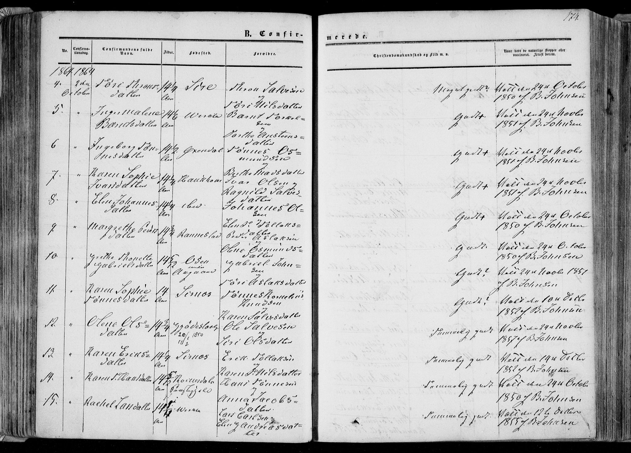 Bakke sokneprestkontor, AV/SAK-1111-0002/F/Fa/Faa/L0006: Parish register (official) no. A 6, 1855-1877, p. 174