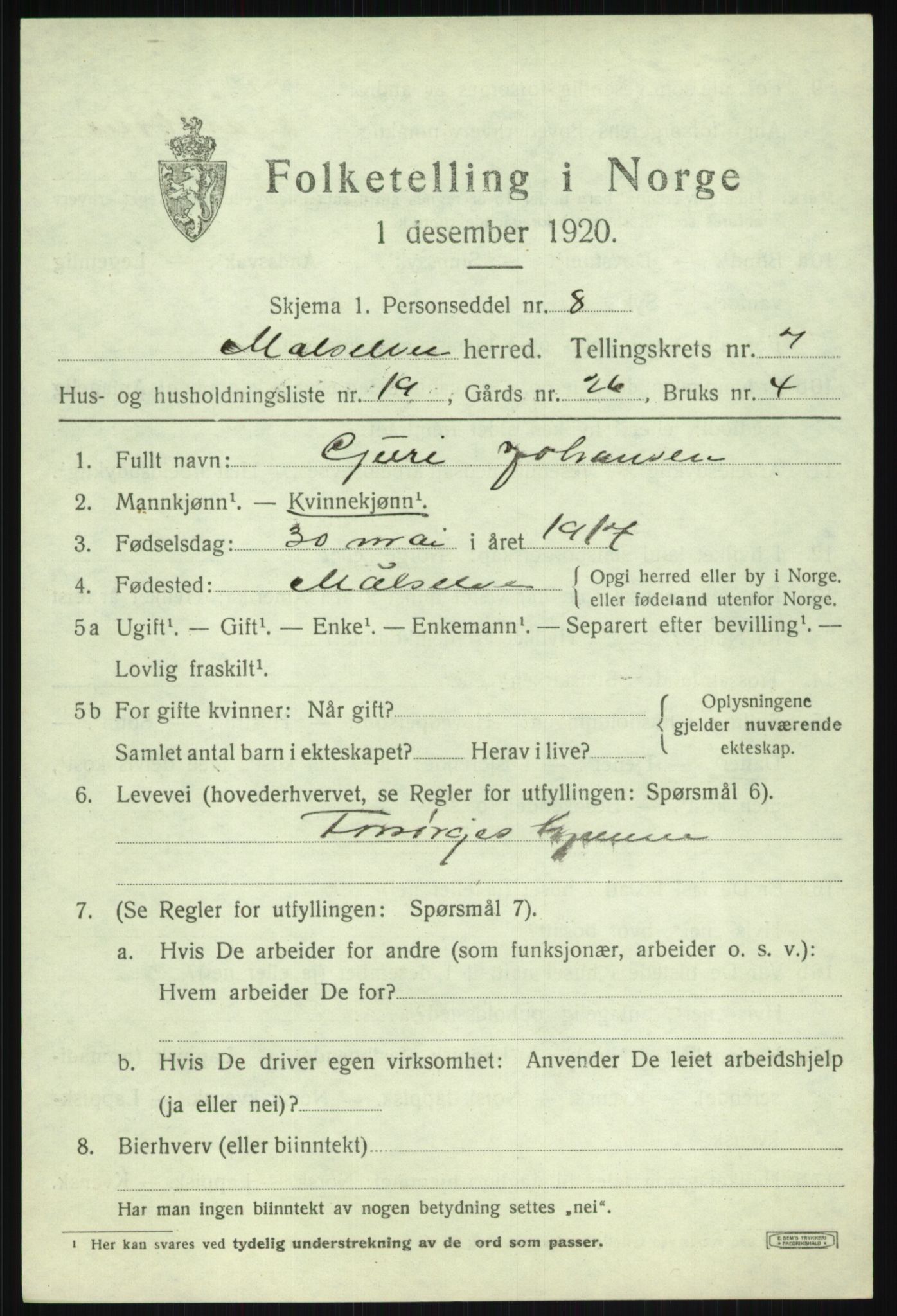 SATØ, 1920 census for Målselv, 1920, p. 4443