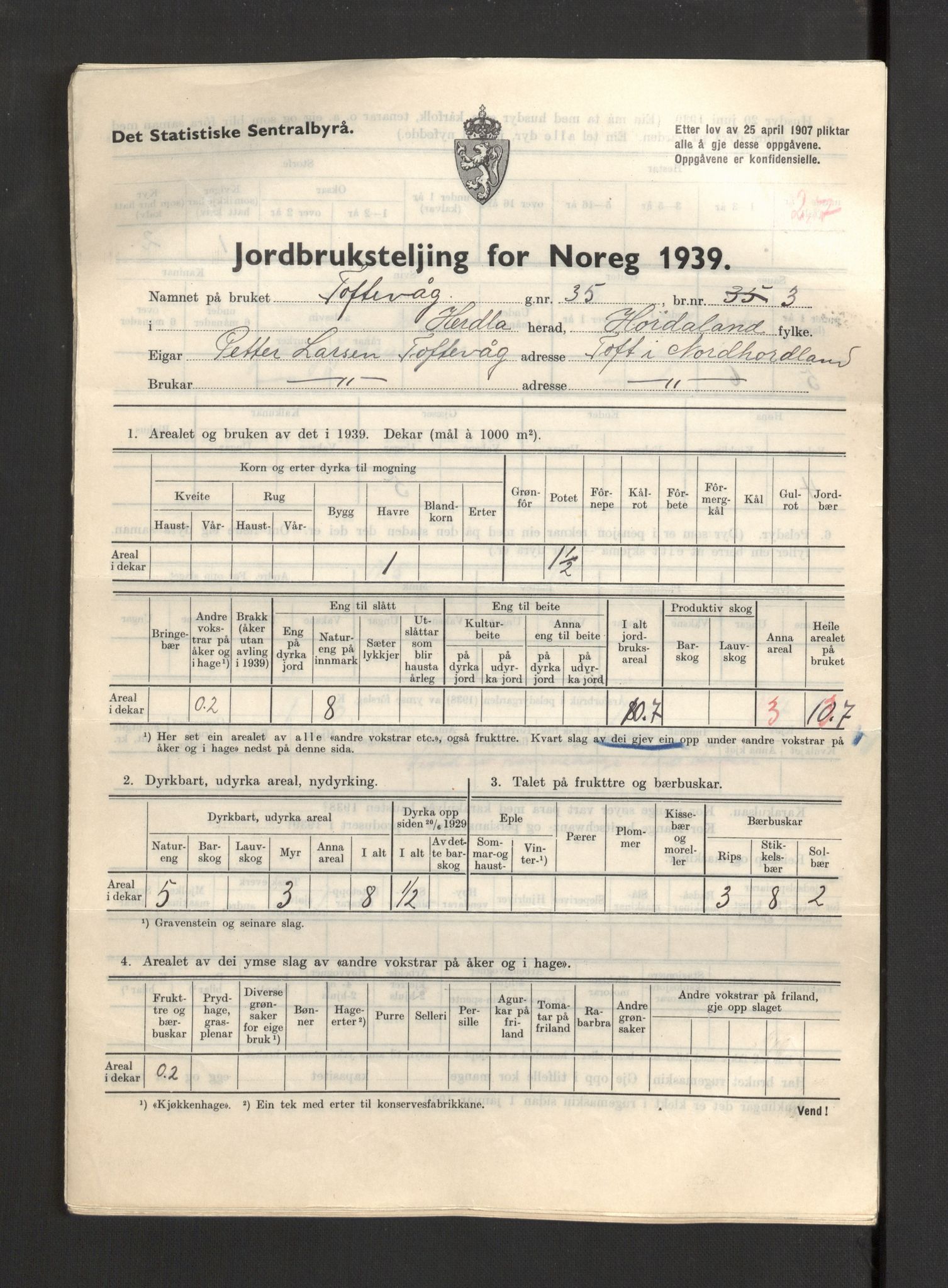 Statistisk sentralbyrå, Næringsøkonomiske emner, Jordbruk, skogbruk, jakt, fiske og fangst, AV/RA-S-2234/G/Gb/L0211: Hordaland: Herdla, Hjelme og Manger, 1939, p. 367