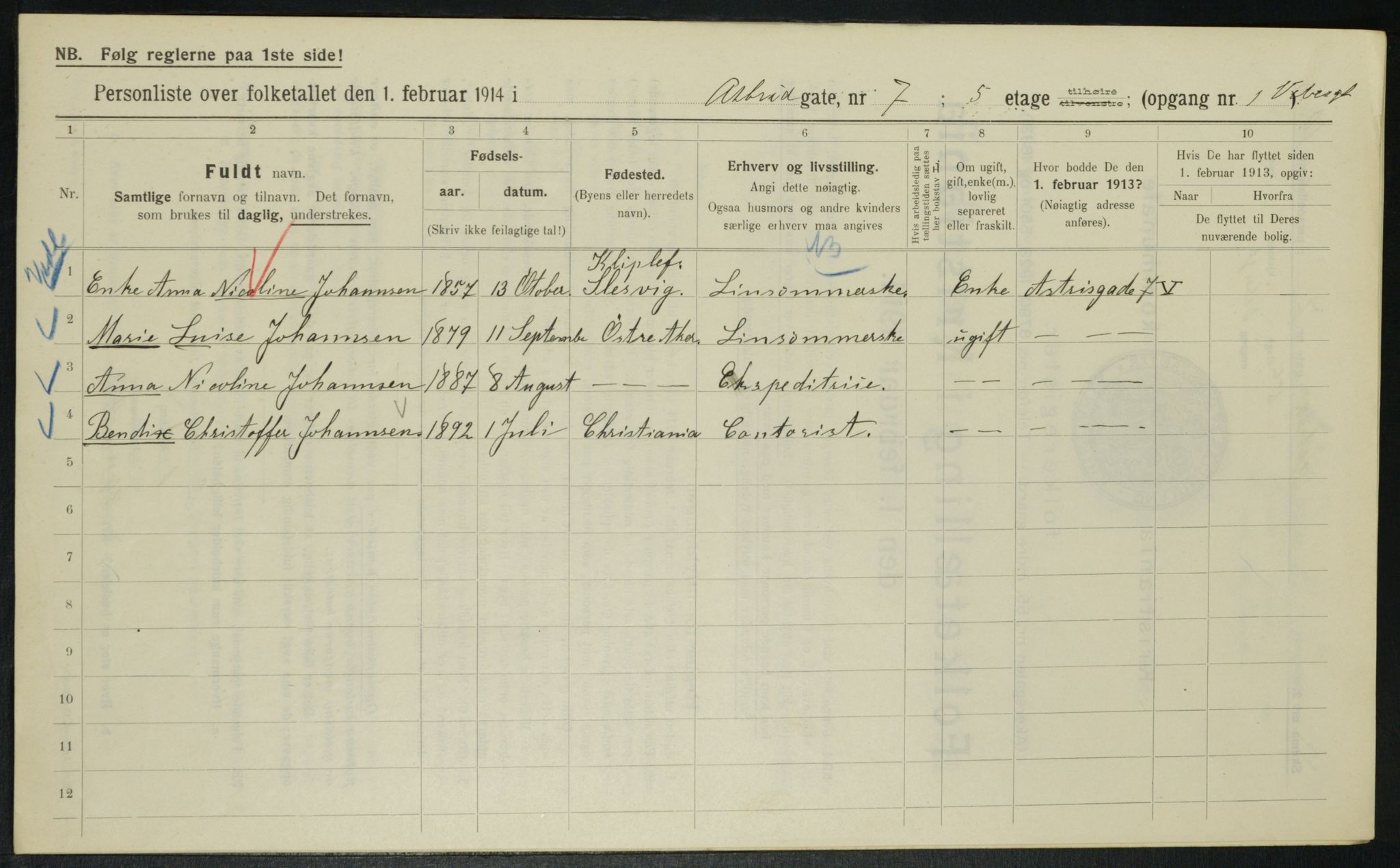 OBA, Municipal Census 1914 for Kristiania, 1914, p. 17383