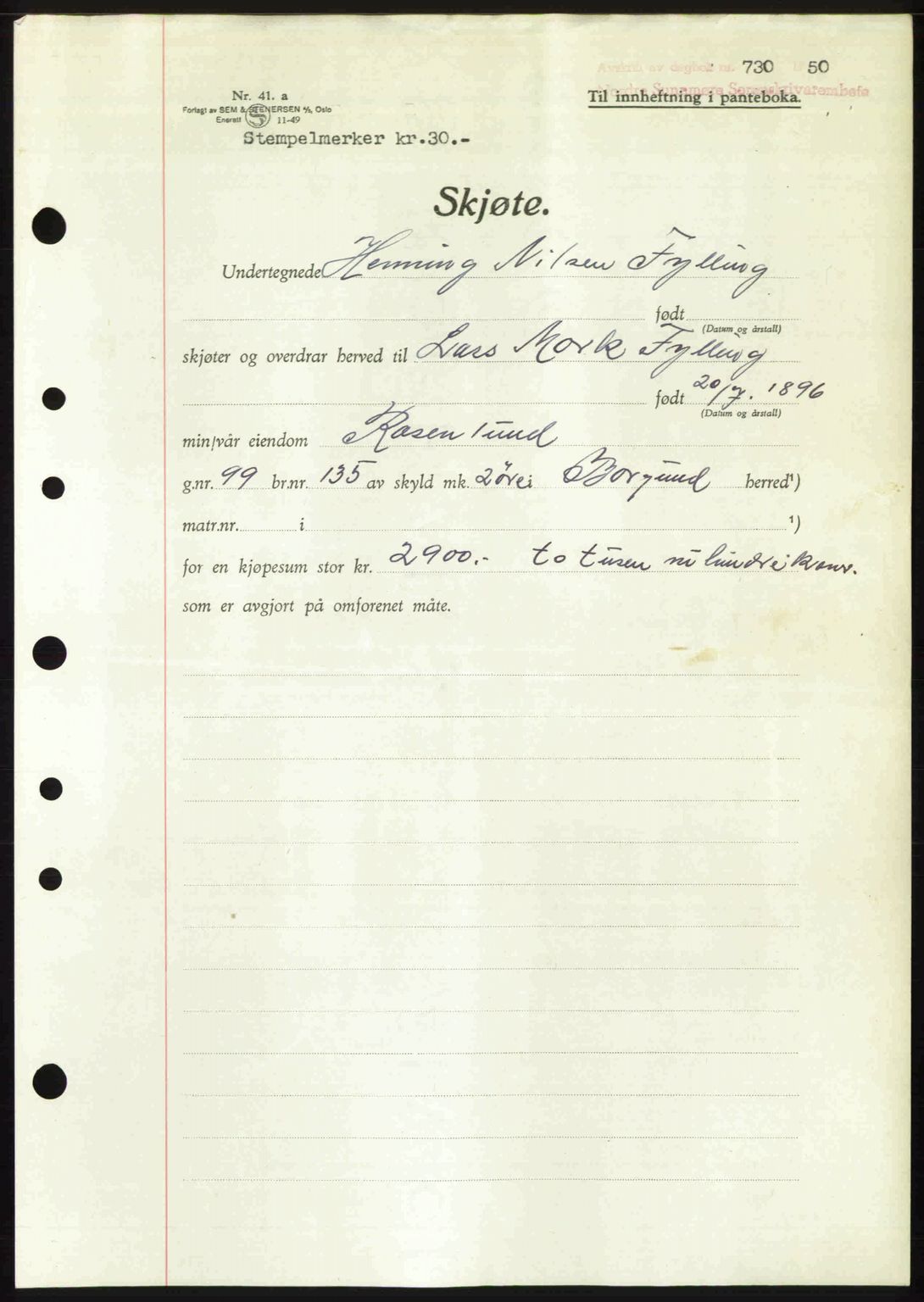 Nordre Sunnmøre sorenskriveri, AV/SAT-A-0006/1/2/2C/2Ca: Mortgage book no. A34, 1950-1950, Diary no: : 730/1950