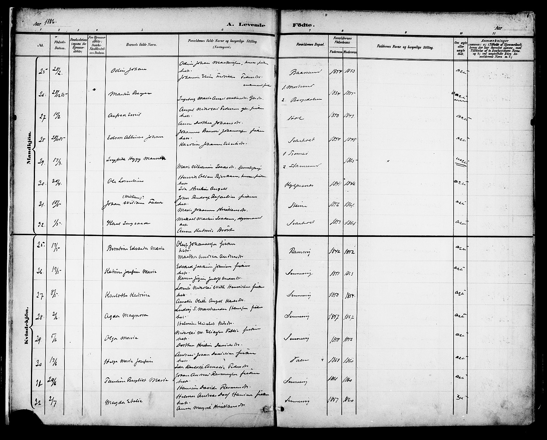 Ministerialprotokoller, klokkerbøker og fødselsregistre - Nordland, AV/SAT-A-1459/882/L1179: Parish register (official) no. 882A01, 1886-1898, p. 7