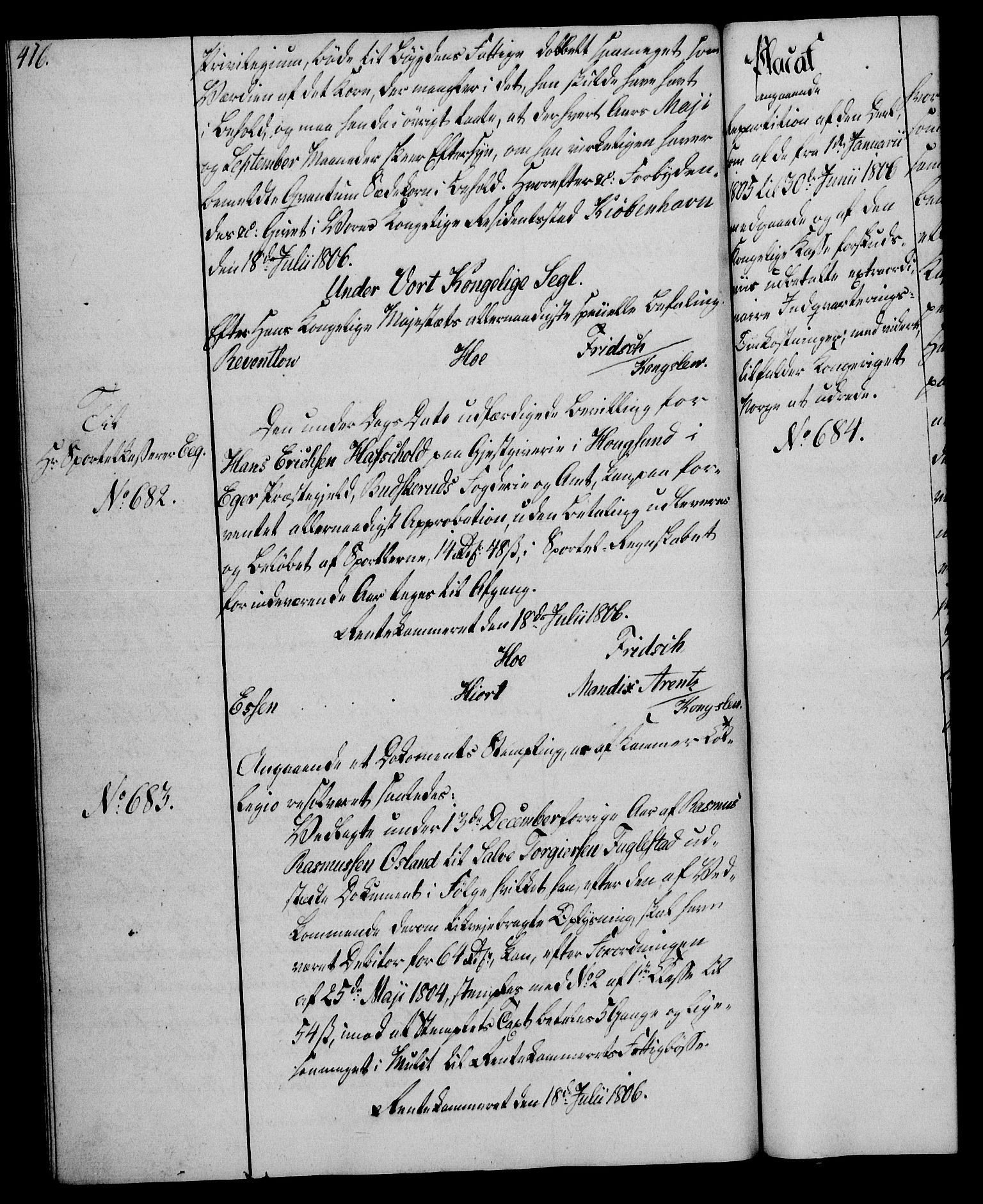 Rentekammeret, Kammerkanselliet, AV/RA-EA-3111/G/Gg/Gga/L0018: Norsk ekspedisjonsprotokoll med register (merket RK 53.18), 1804-1806, p. 416