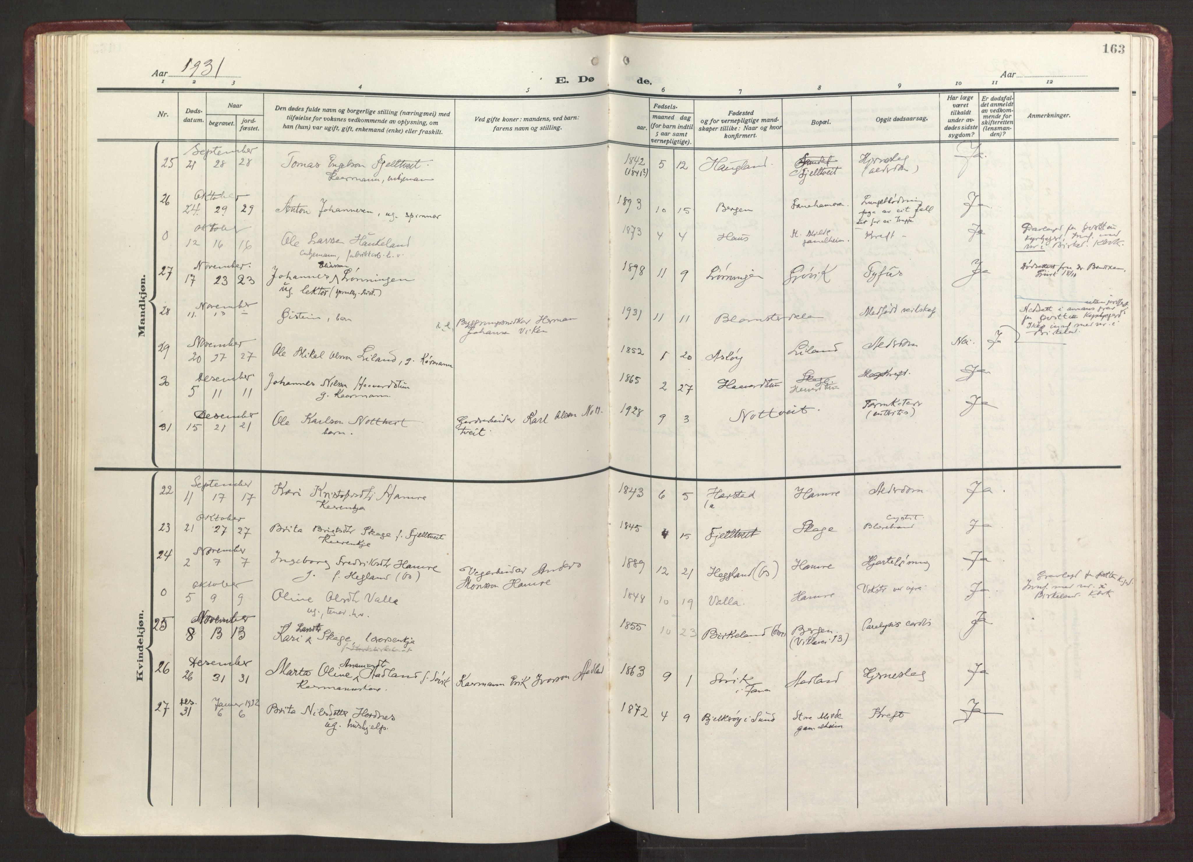 Fana Sokneprestembete, AV/SAB-A-75101/H/Haa/Haab/L0006: Parish register (official) no. B 6, 1923-1967, p. 163