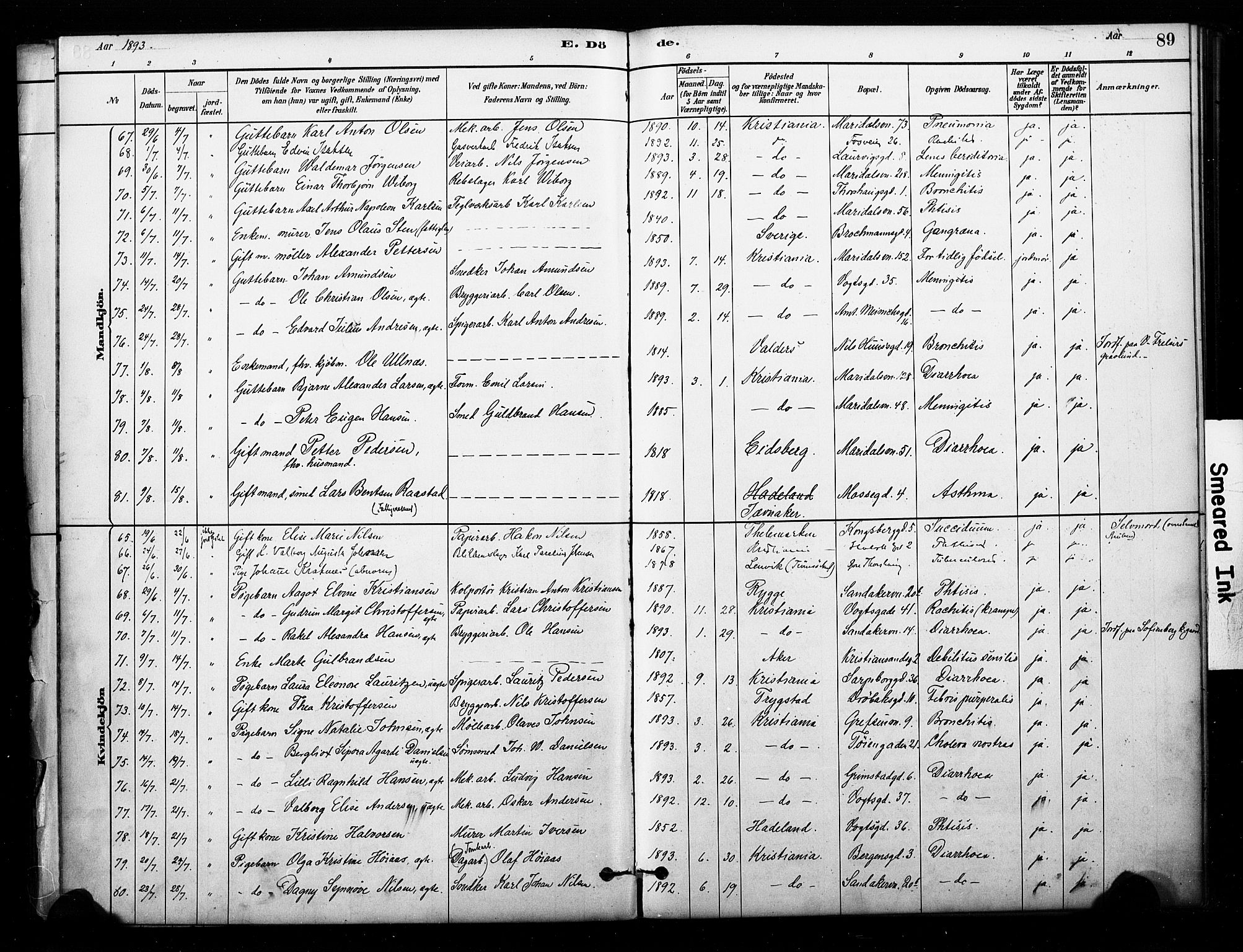 Sagene prestekontor Kirkebøker, SAO/A-10796/F/L0003: Parish register (official) no. 3, 1880-1922, p. 89