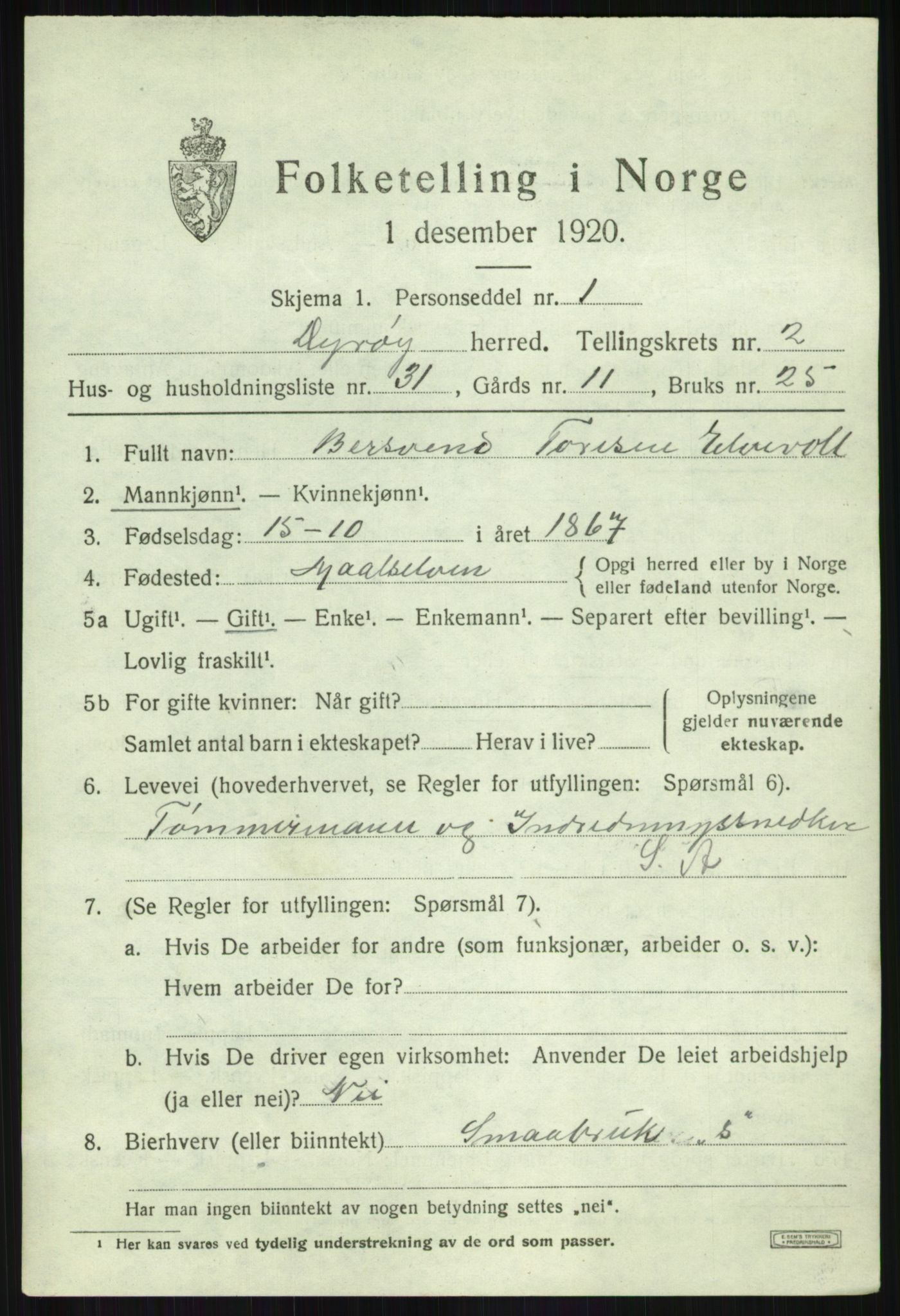 SATØ, 1920 census for Dyrøy, 1920, p. 1649