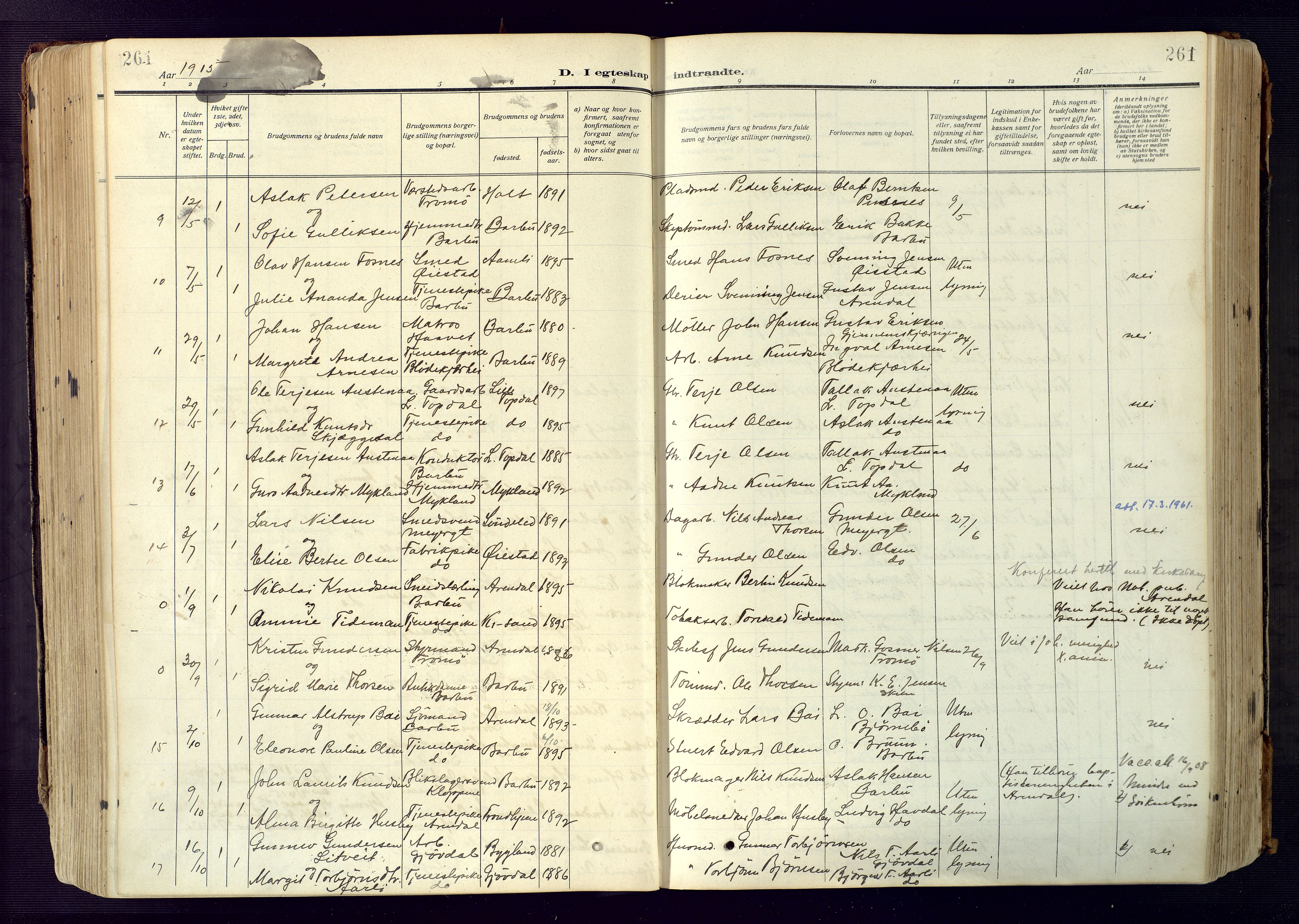 Barbu sokneprestkontor, SAK/1111-0003/F/Fa/L0006: Parish register (official) no. A 6, 1910-1929, p. 261