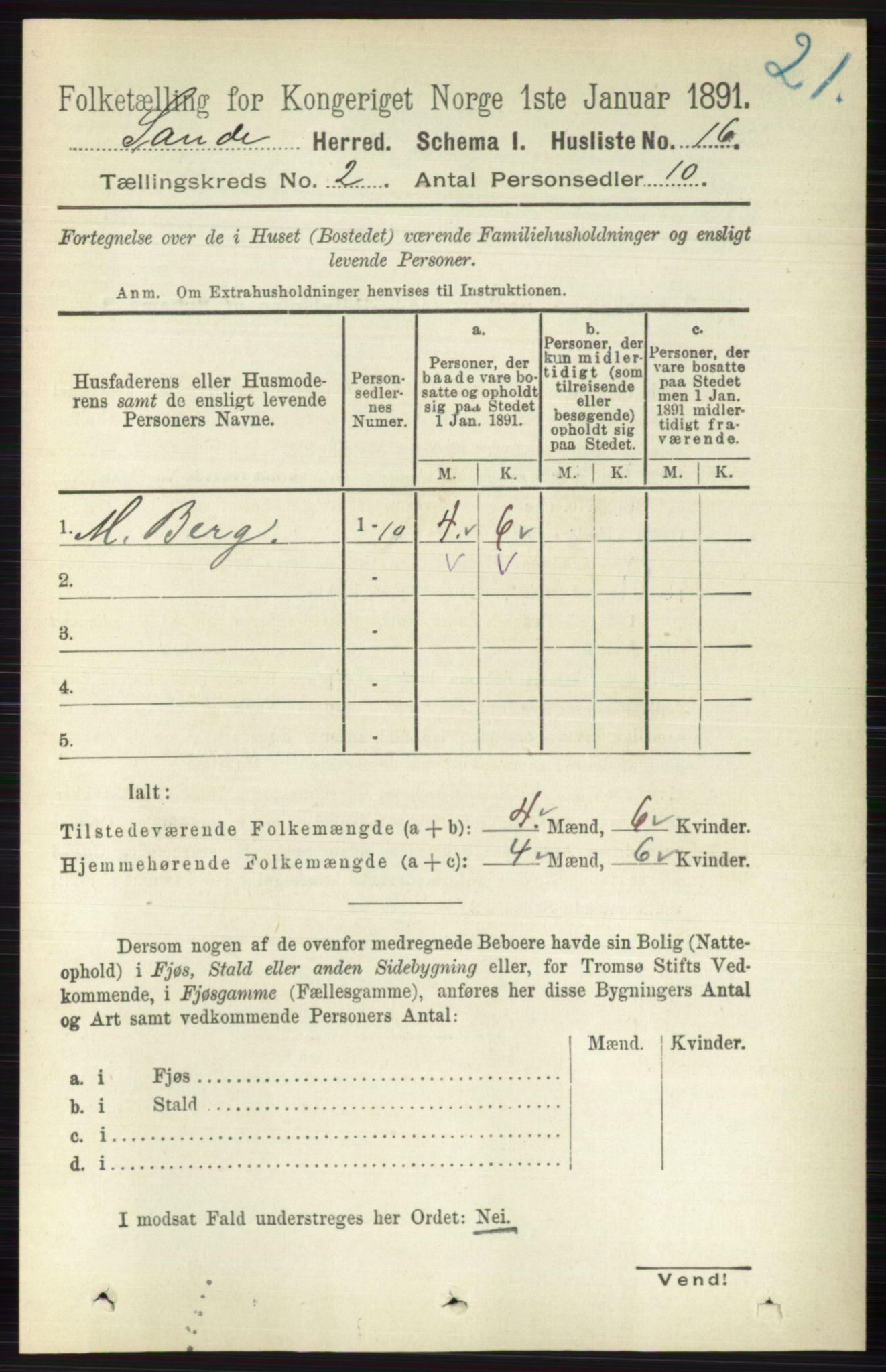 RA, 1891 census for 0713 Sande, 1891, p. 484