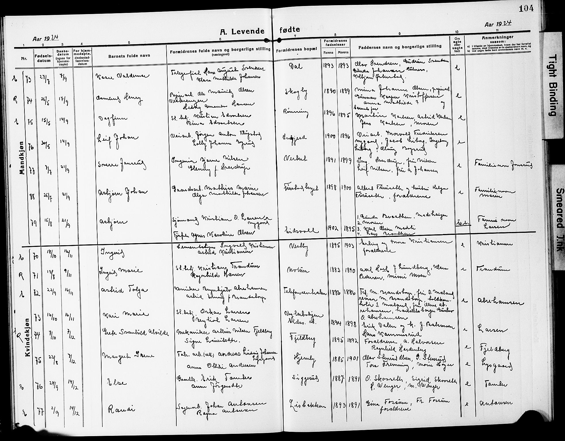 Eidsvoll prestekontor Kirkebøker, AV/SAO-A-10888/G/Ga/L0010: Parish register (copy) no. I 10, 1919-1929, p. 104