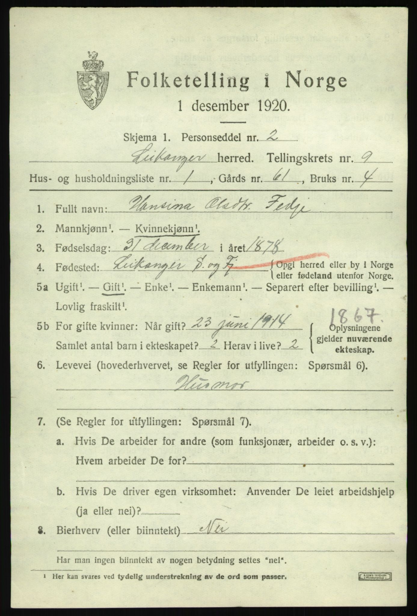 SAB, 1920 census for Leikanger, 1920, p. 5510