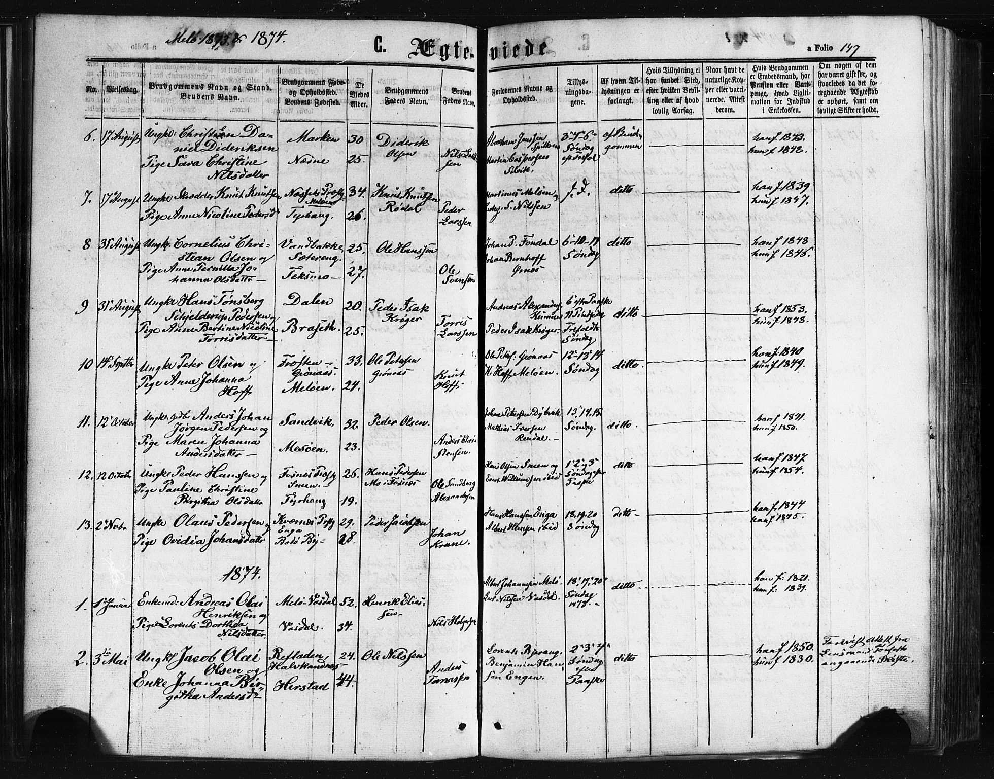 Ministerialprotokoller, klokkerbøker og fødselsregistre - Nordland, SAT/A-1459/841/L0607: Parish register (official) no. 841A11 /2, 1863-1877, p. 147