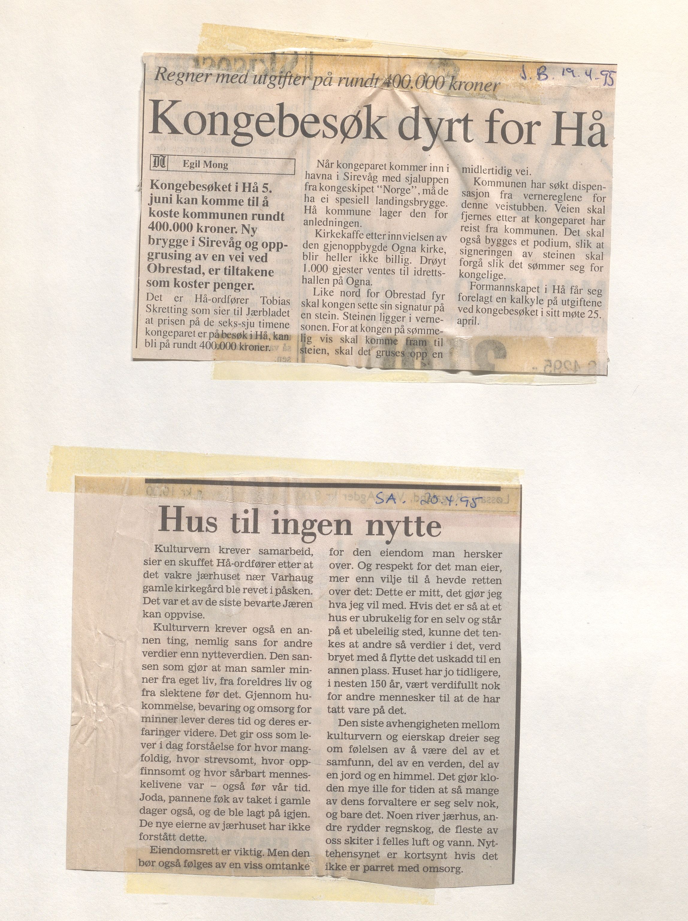Hå kommune - Kulturetaten, IKAR/A-304/Ub/Ubc/L0009: Avisutklipp - Diverse, 1995