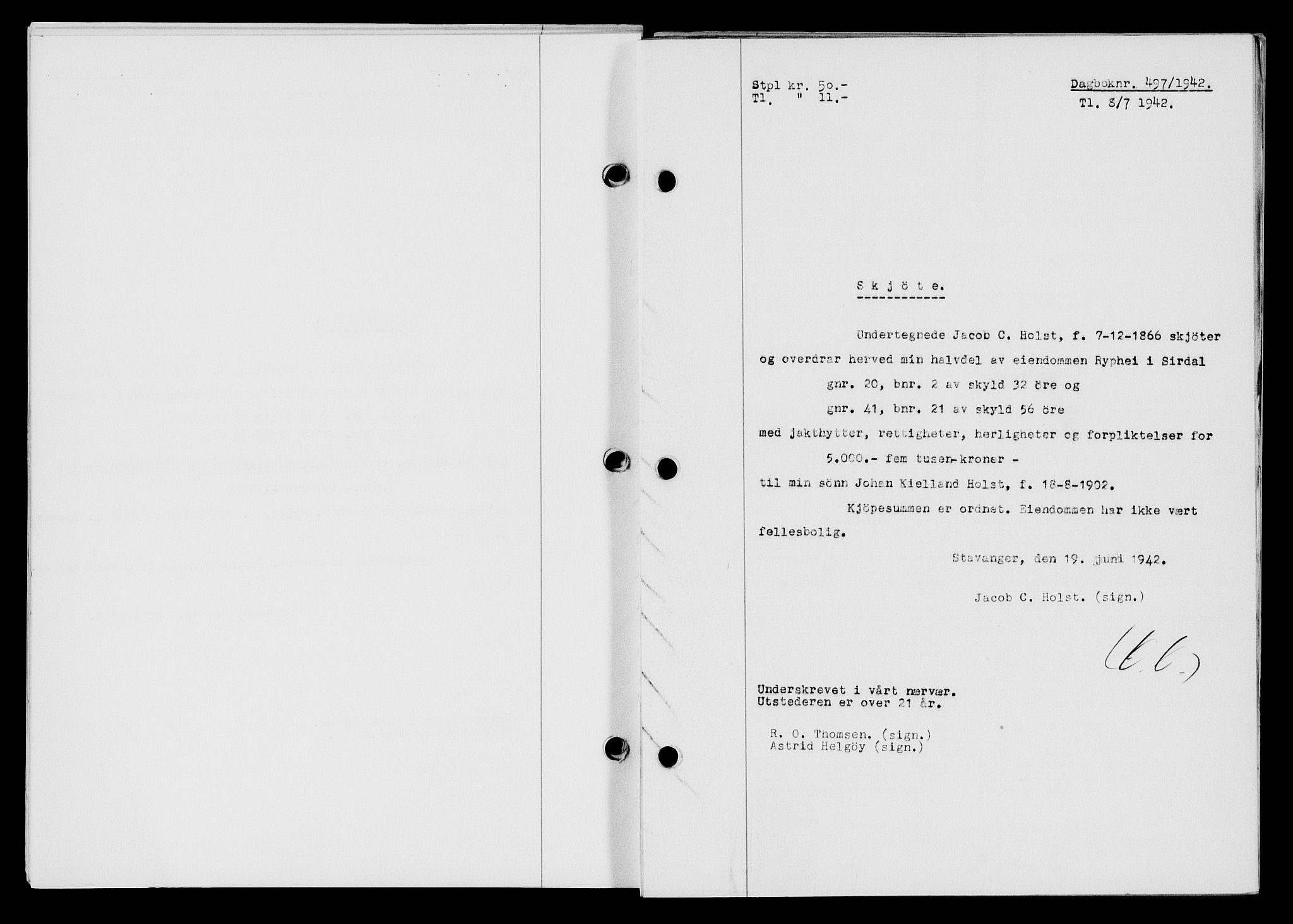 Flekkefjord sorenskriveri, AV/SAK-1221-0001/G/Gb/Gba/L0057: Mortgage book no. A-5, 1941-1942, Diary no: : 497/1942