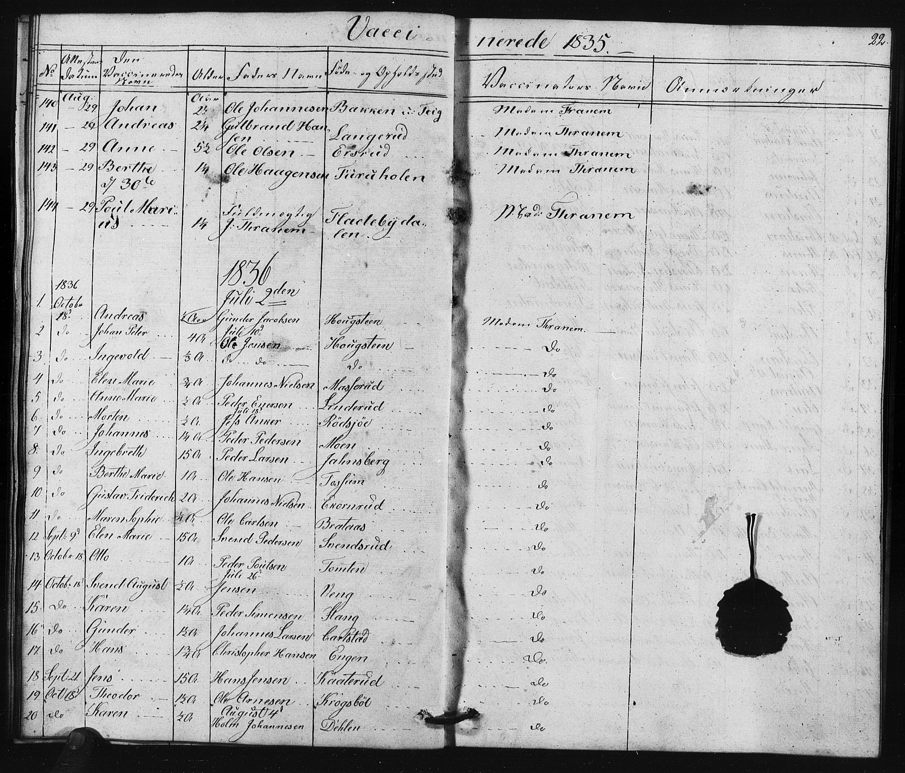Enebakk prestekontor Kirkebøker, SAO/A-10171c/F/Fa/L0015: Parish register (official) no. I 15, 1830-1867, p. 22