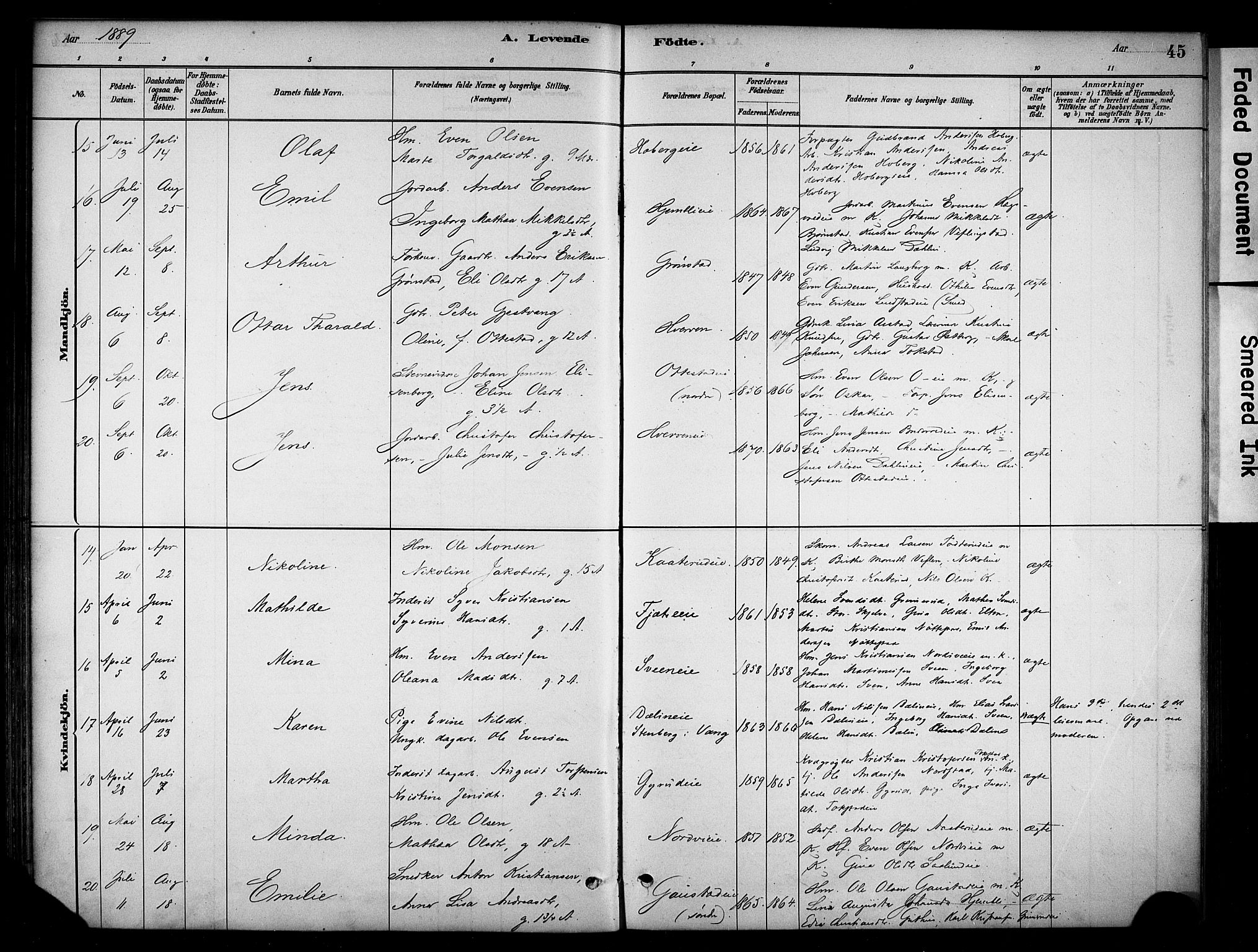 Stange prestekontor, AV/SAH-PREST-002/K/L0019: Parish register (official) no. 19, 1880-1891, p. 45