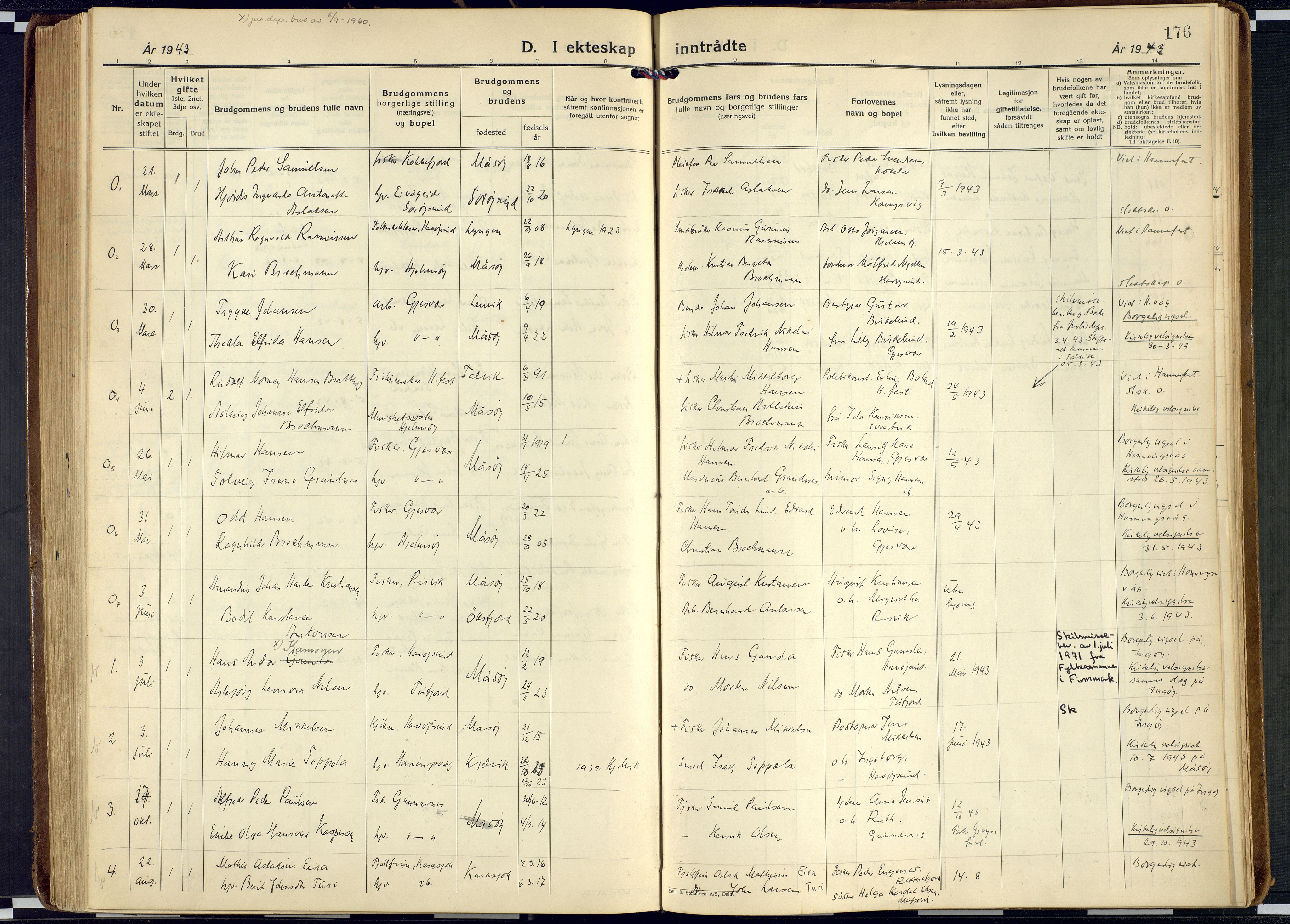 Måsøy sokneprestkontor, AV/SATØ-S-1348/H/Ha/L0011kirke: Parish register (official) no. 11, 1933-1947, p. 176