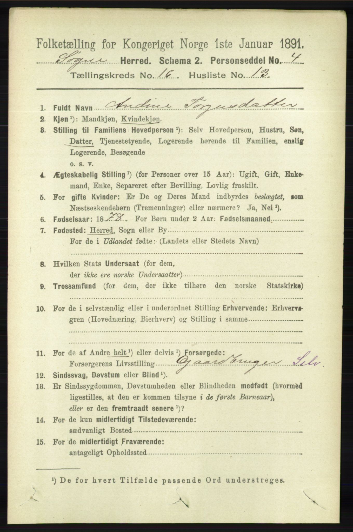 RA, 1891 census for 1018 Søgne, 1891, p. 4460