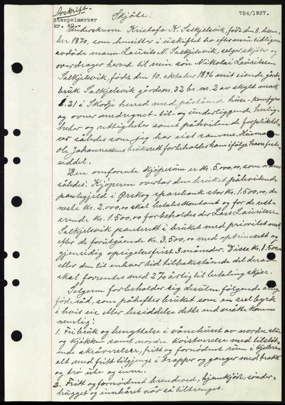 Nordre Sunnmøre sorenskriveri, AV/SAT-A-0006/1/2/2C/2Ca: Mortgage book no. A3, 1937-1937, Diary no: : 754/1937
