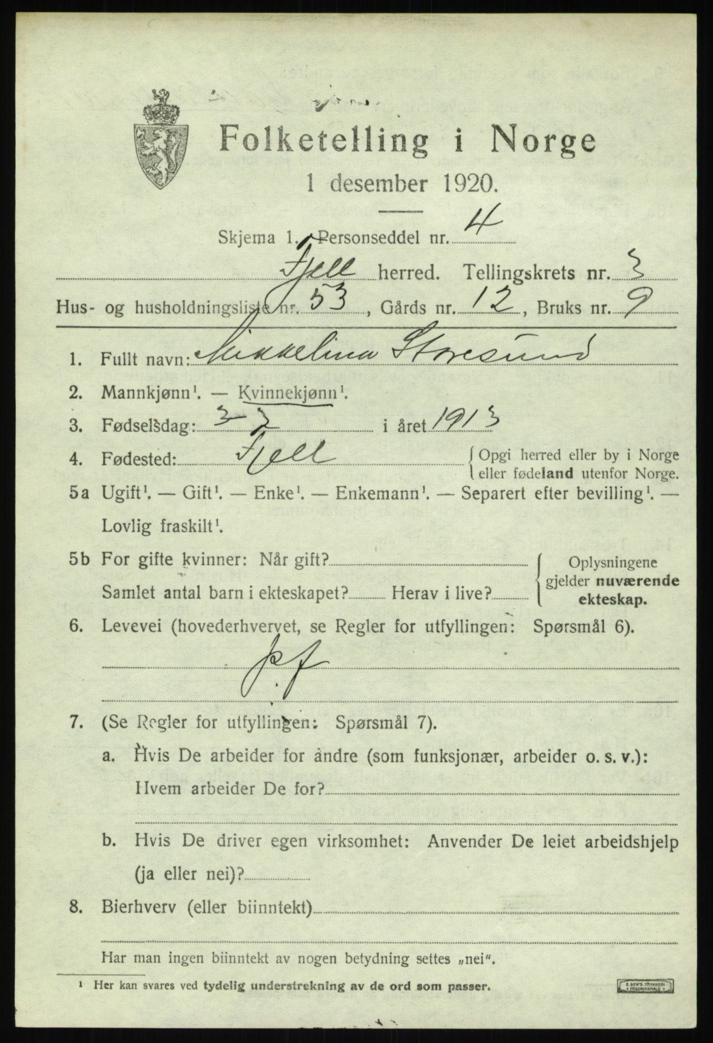 SAB, 1920 census for Fjell, 1920, p. 3662