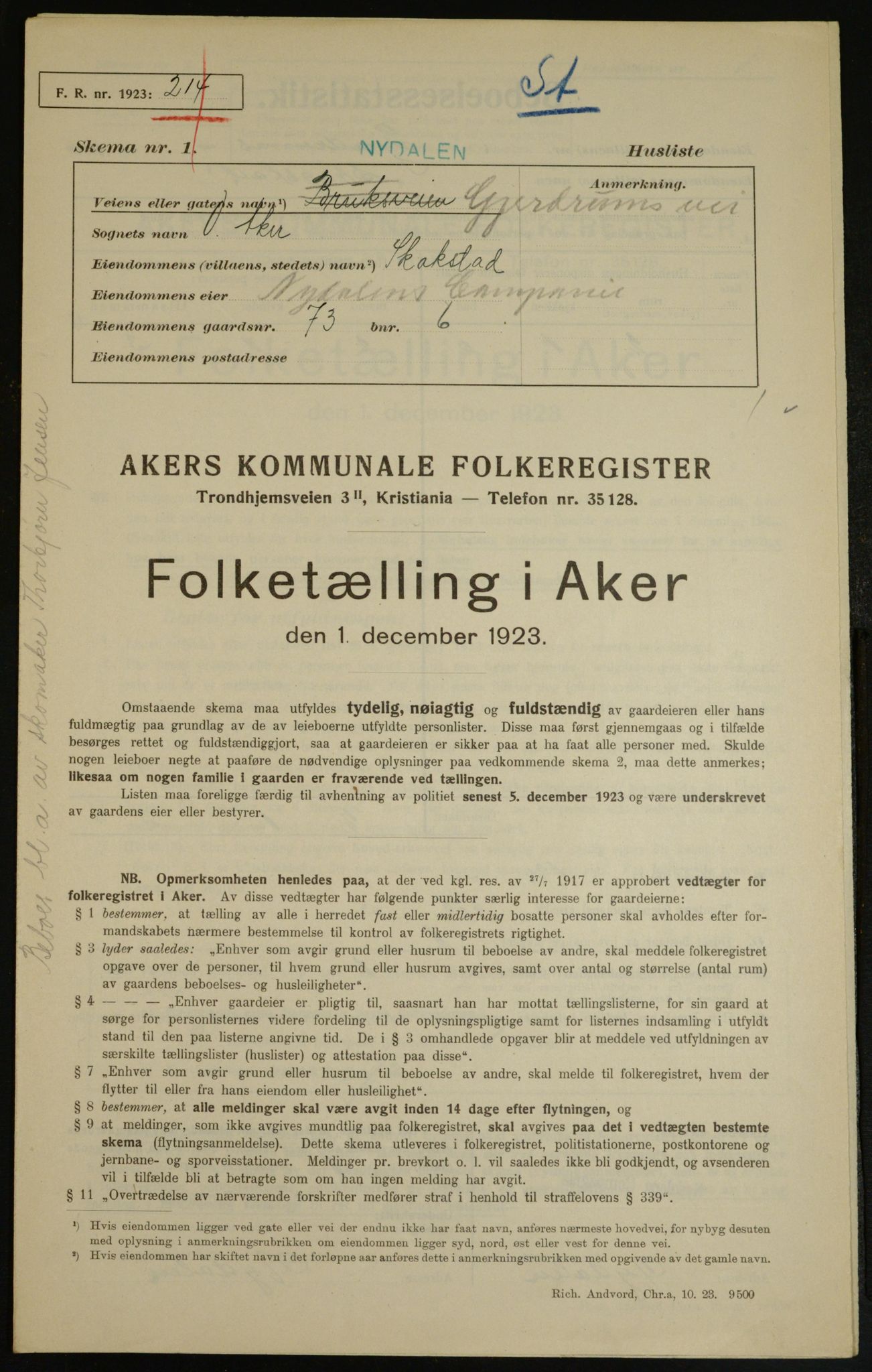 , Municipal Census 1923 for Aker, 1923, p. 8693