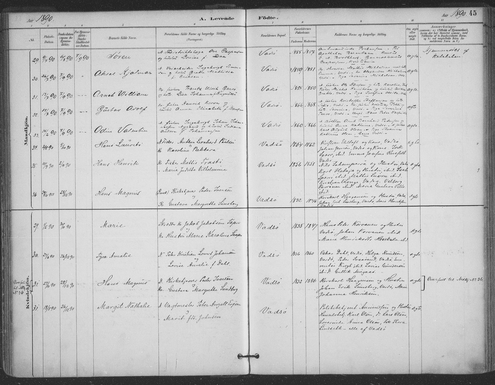 Vadsø sokneprestkontor, AV/SATØ-S-1325/H/Ha/L0006kirke: Parish register (official) no. 6, 1885-1895, p. 45