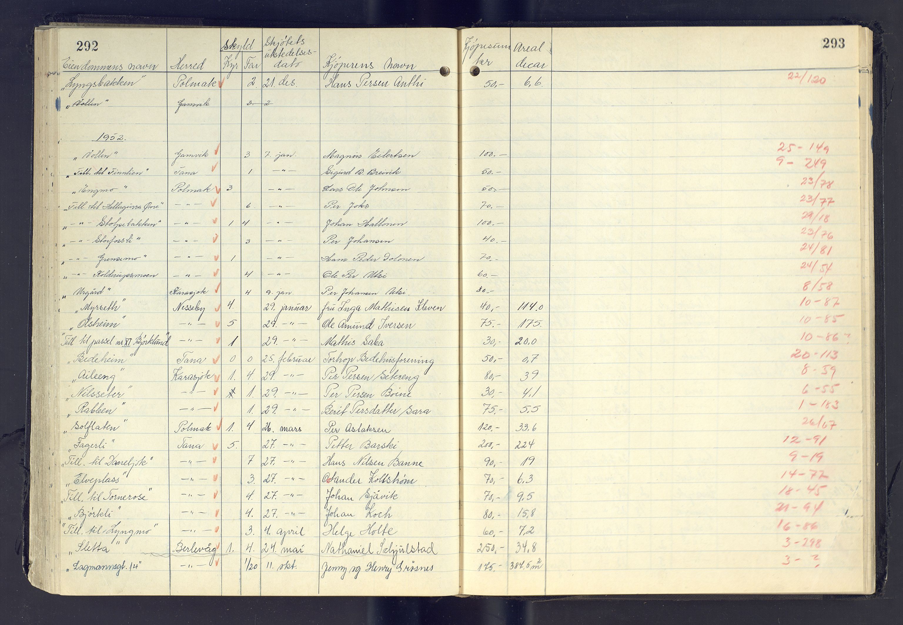 Finnmark jordsalgskommisjon/jordsalgskontor og Statskog SF Finnmark jordsalgskontor, AV/SATØ-S-1443/J/Jc/L0002: Skjøtebok, 1933-1967, p. 292-293