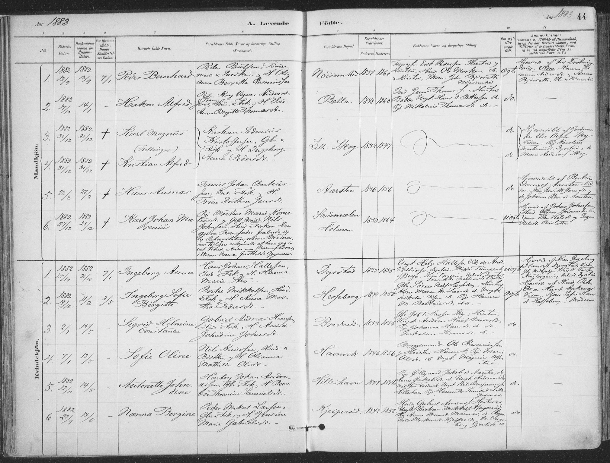 Ibestad sokneprestembete, SATØ/S-0077/H/Ha/Haa/L0011kirke: Parish register (official) no. 11, 1880-1889, p. 44