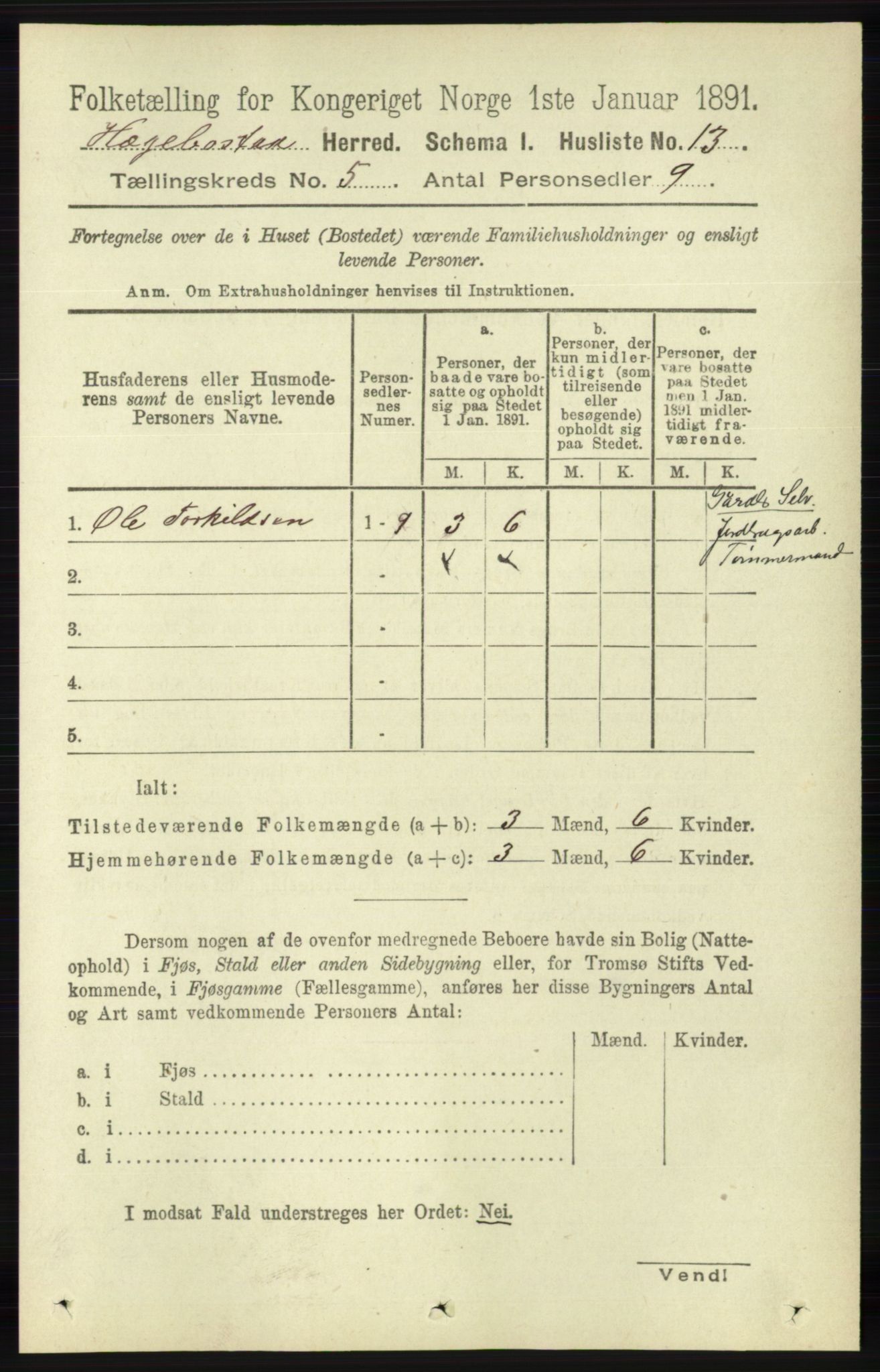 RA, 1891 census for 1034 Hægebostad, 1891, p. 1443