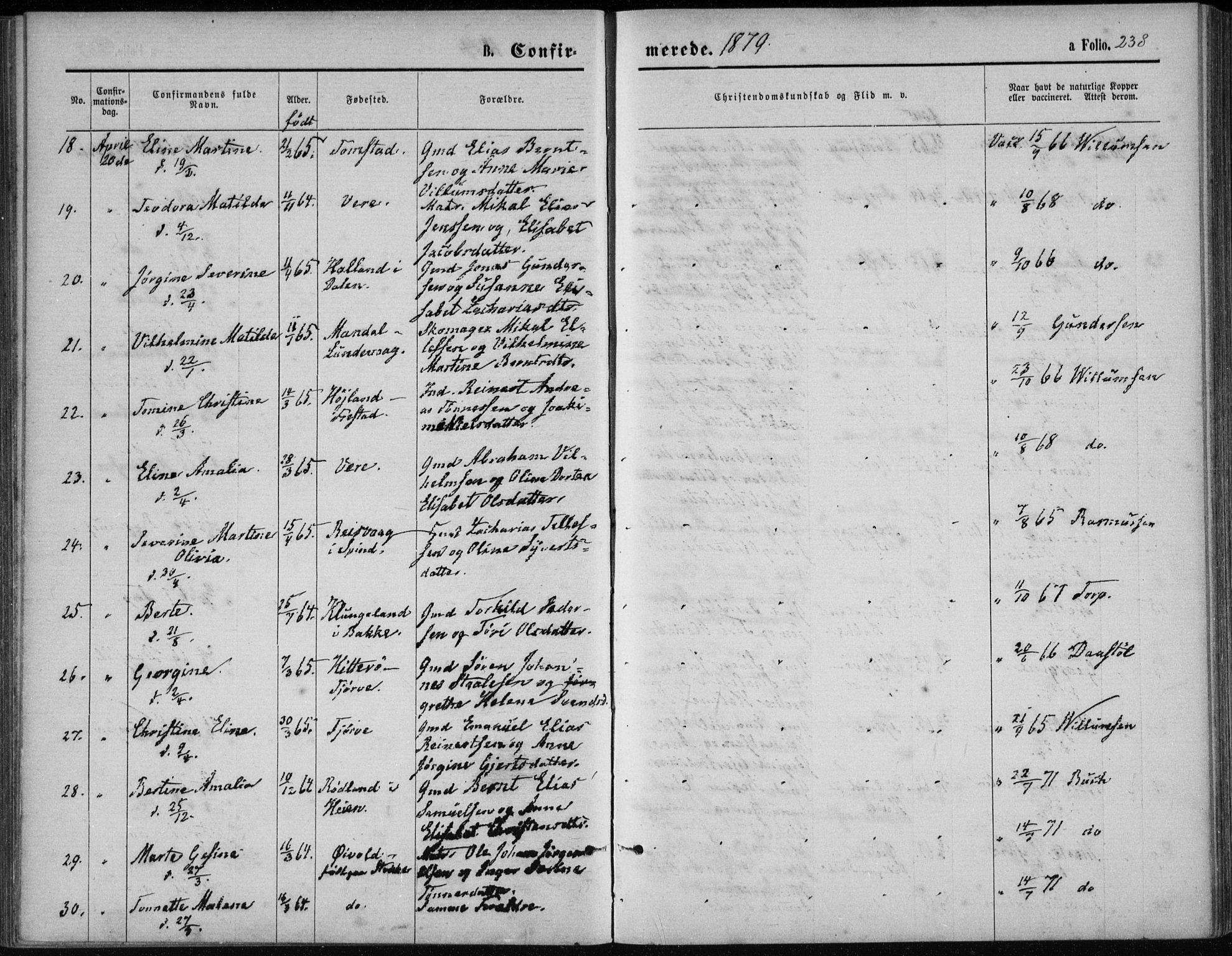 Lista sokneprestkontor, SAK/1111-0027/F/Fb/L0004: Parish register (copy) no. B 4, 1877-1891, p. 238