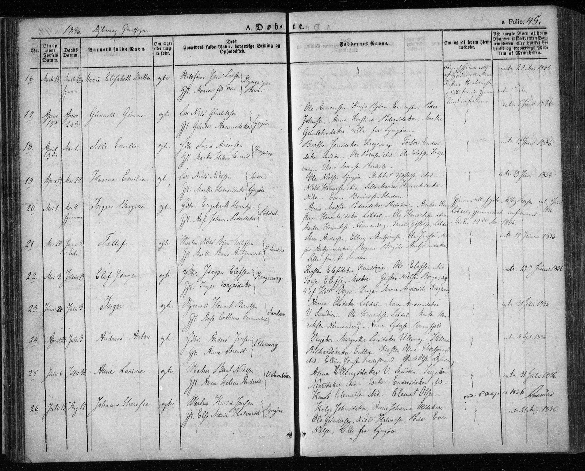 Dypvåg sokneprestkontor, SAK/1111-0007/F/Fa/Faa/L0004: Parish register (official) no. A 4, 1824-1840, p. 45