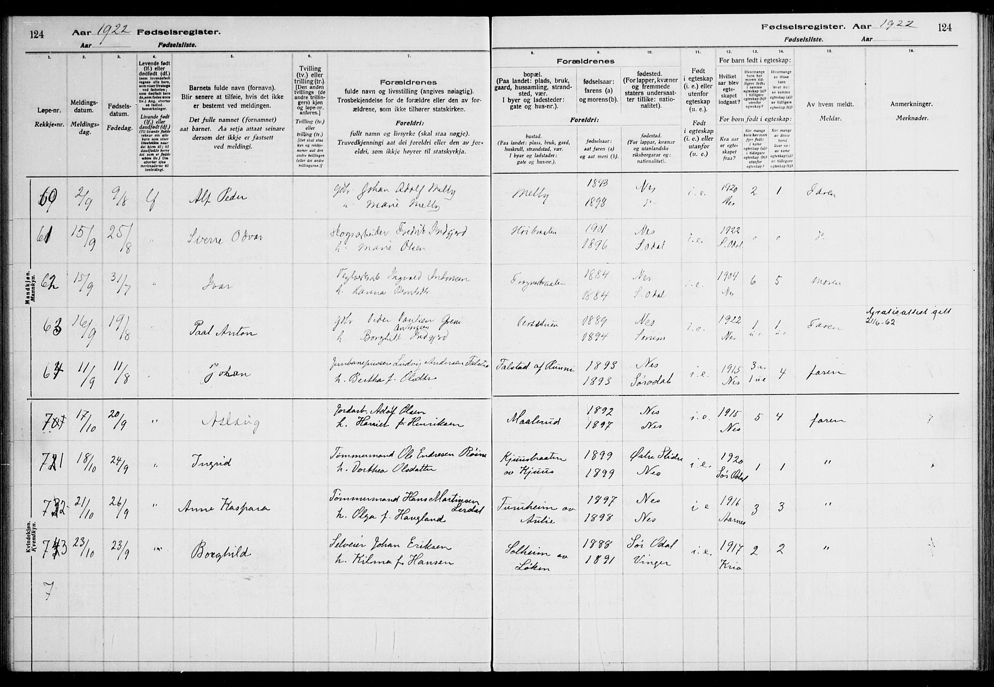 Nes prestekontor Kirkebøker, AV/SAO-A-10410/J/Ja/L0001: Birth register no. 1, 1916-1926, p. 124