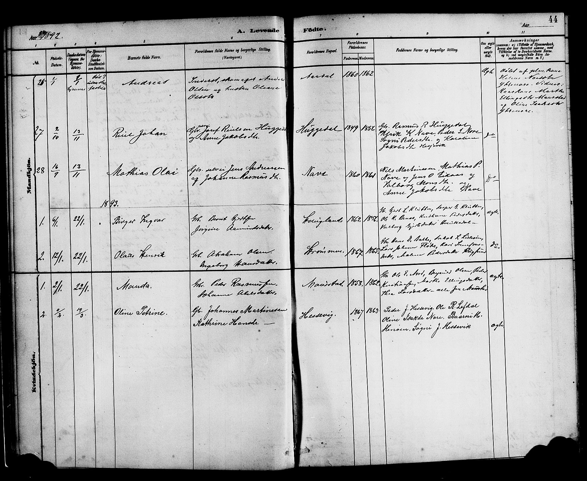 Davik sokneprestembete, SAB/A-79701/H/Haa/Haad/L0001: Parish register (official) no. D 1, 1882-1900, p. 44