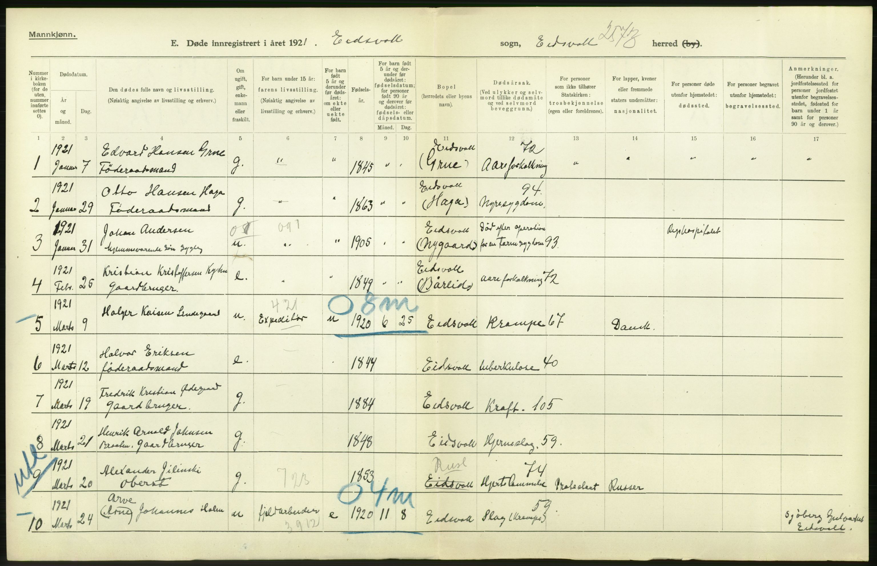 Statistisk sentralbyrå, Sosiodemografiske emner, Befolkning, AV/RA-S-2228/D/Df/Dfc/Dfca/L0007: Akershus fylke: Døde. Bygder og byer., 1921, p. 484