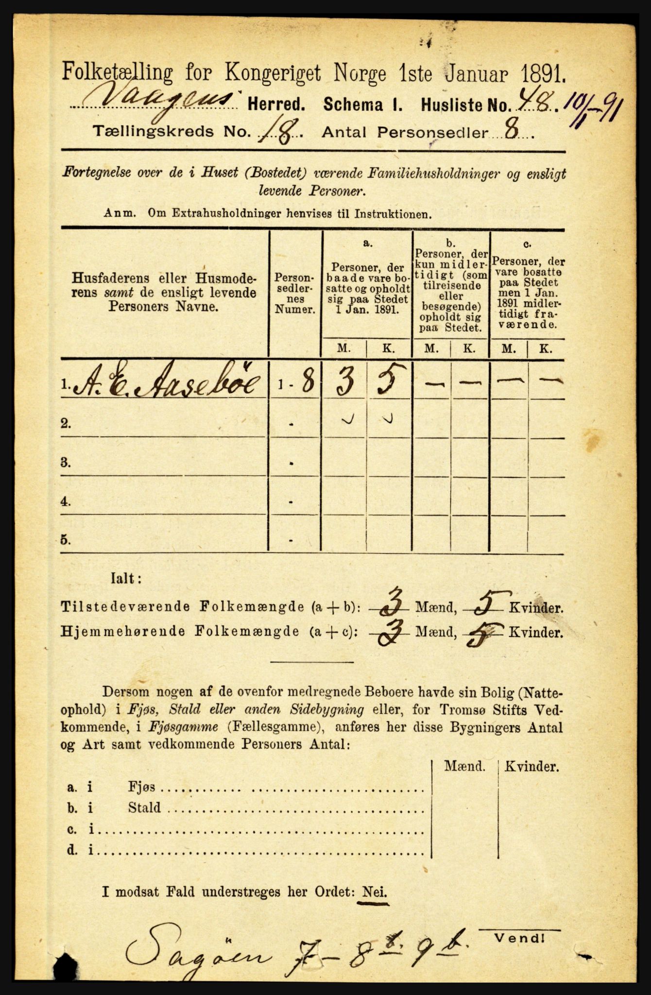 RA, 1891 census for 1865 Vågan, 1891, p. 5119