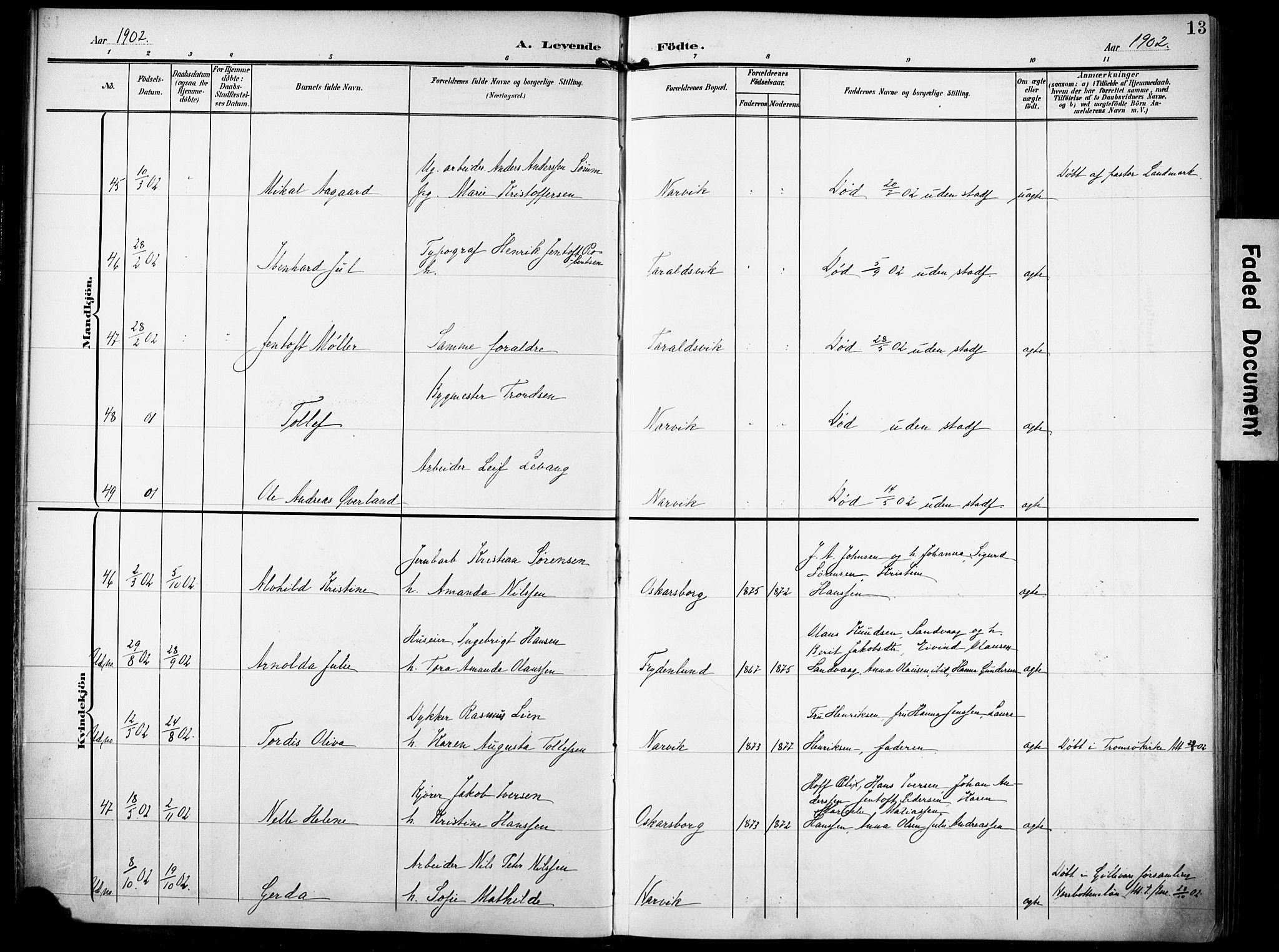 Ministerialprotokoller, klokkerbøker og fødselsregistre - Nordland, AV/SAT-A-1459/871/L0994: Parish register (official) no. 871A10, 1902-1910, p. 13