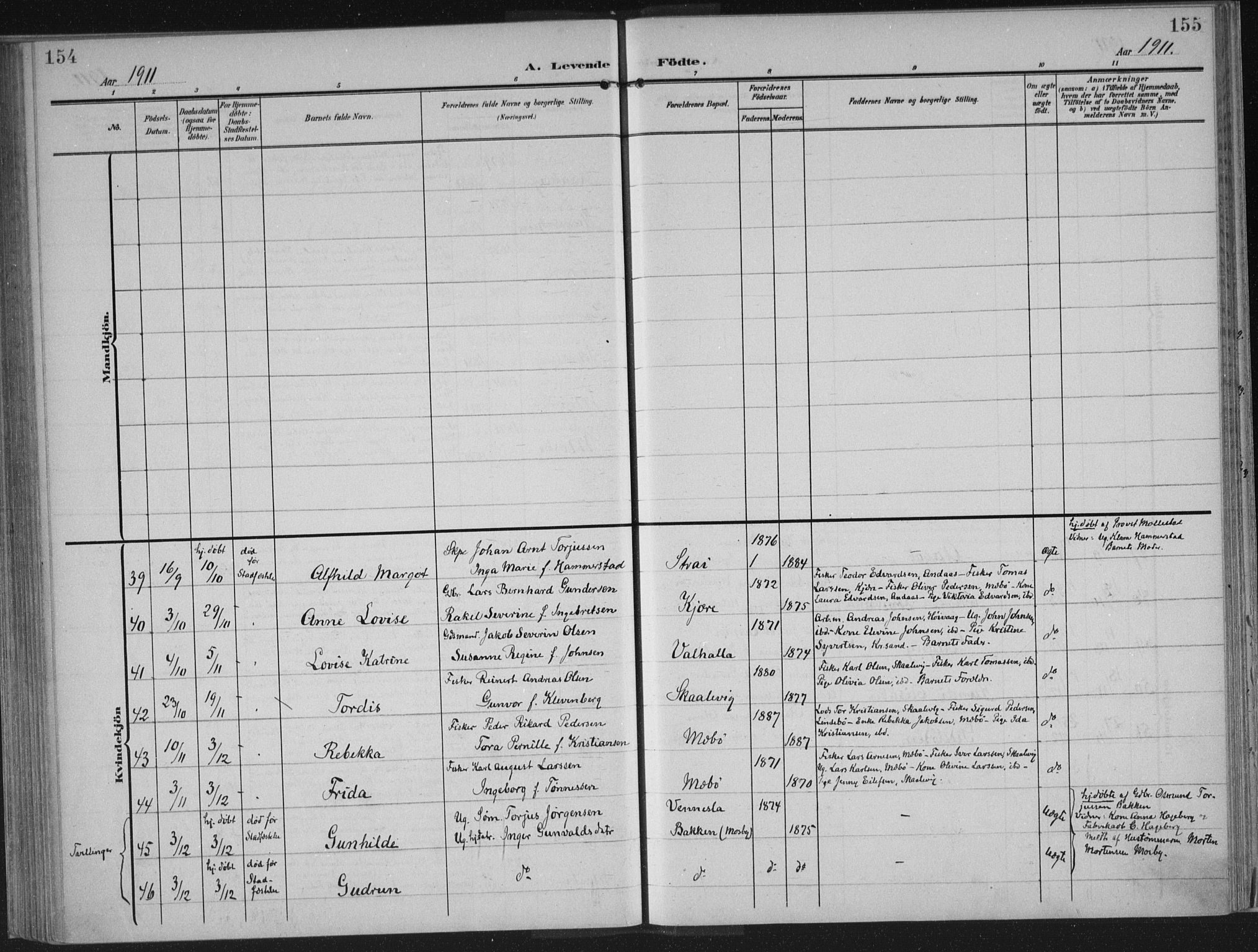 Oddernes sokneprestkontor, AV/SAK-1111-0033/F/Fa/Faa/L0011: Parish register (official) no. A 11, 1904-1911, p. 154-155