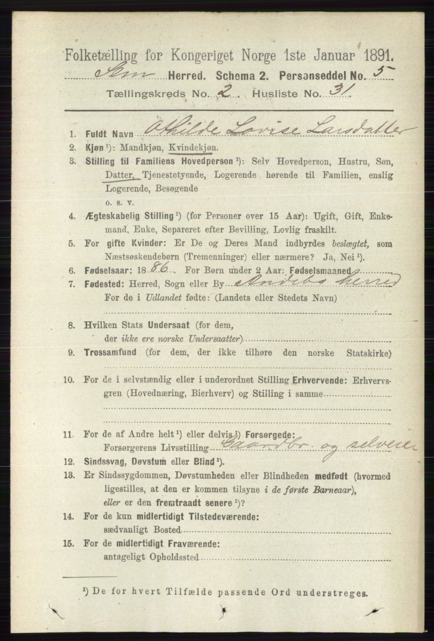 RA, 1891 census for 0721 Sem, 1891, p. 850