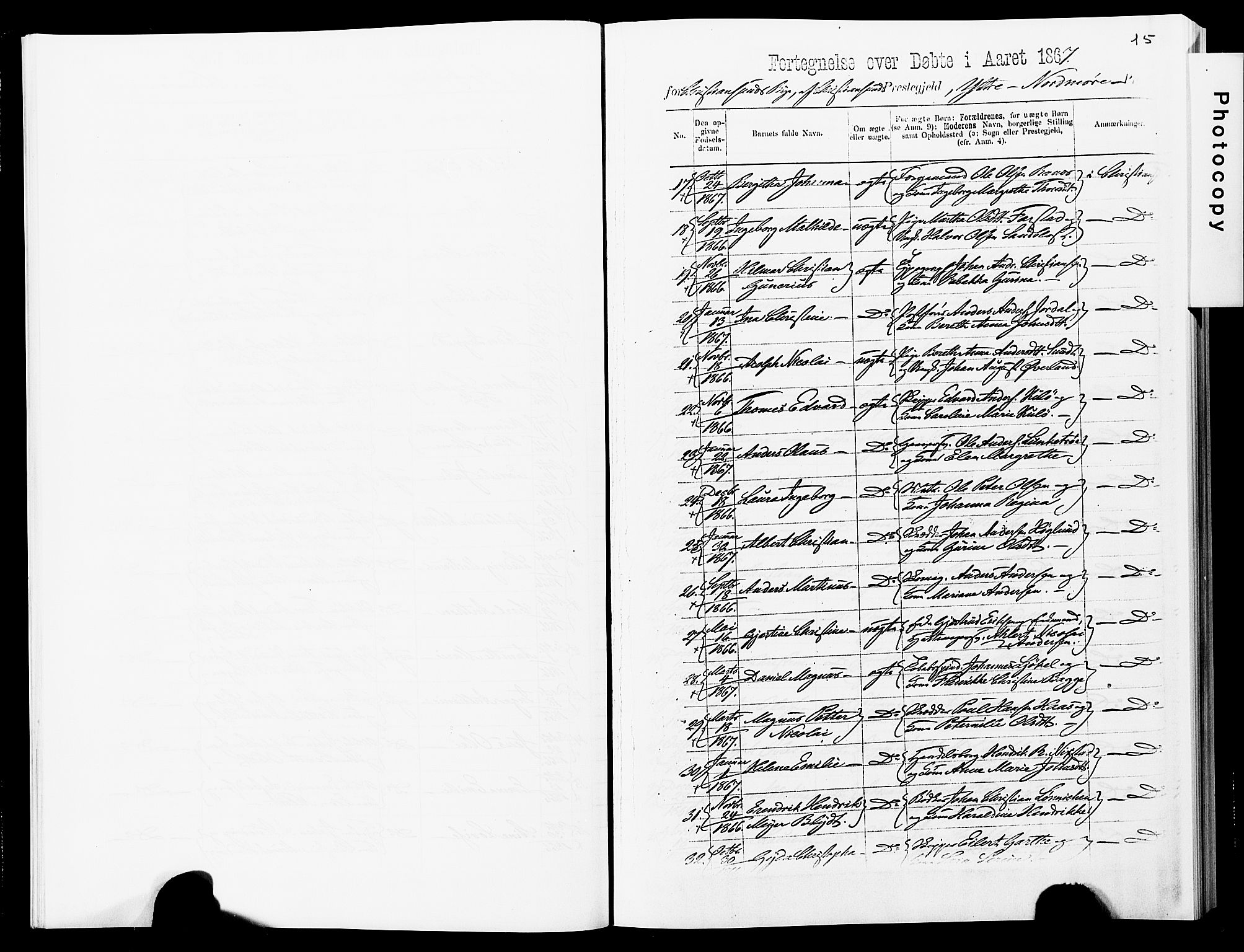 Ministerialprotokoller, klokkerbøker og fødselsregistre - Møre og Romsdal, SAT/A-1454/572/L0857: Parish register (official) no. 572D01, 1866-1872, p. 15