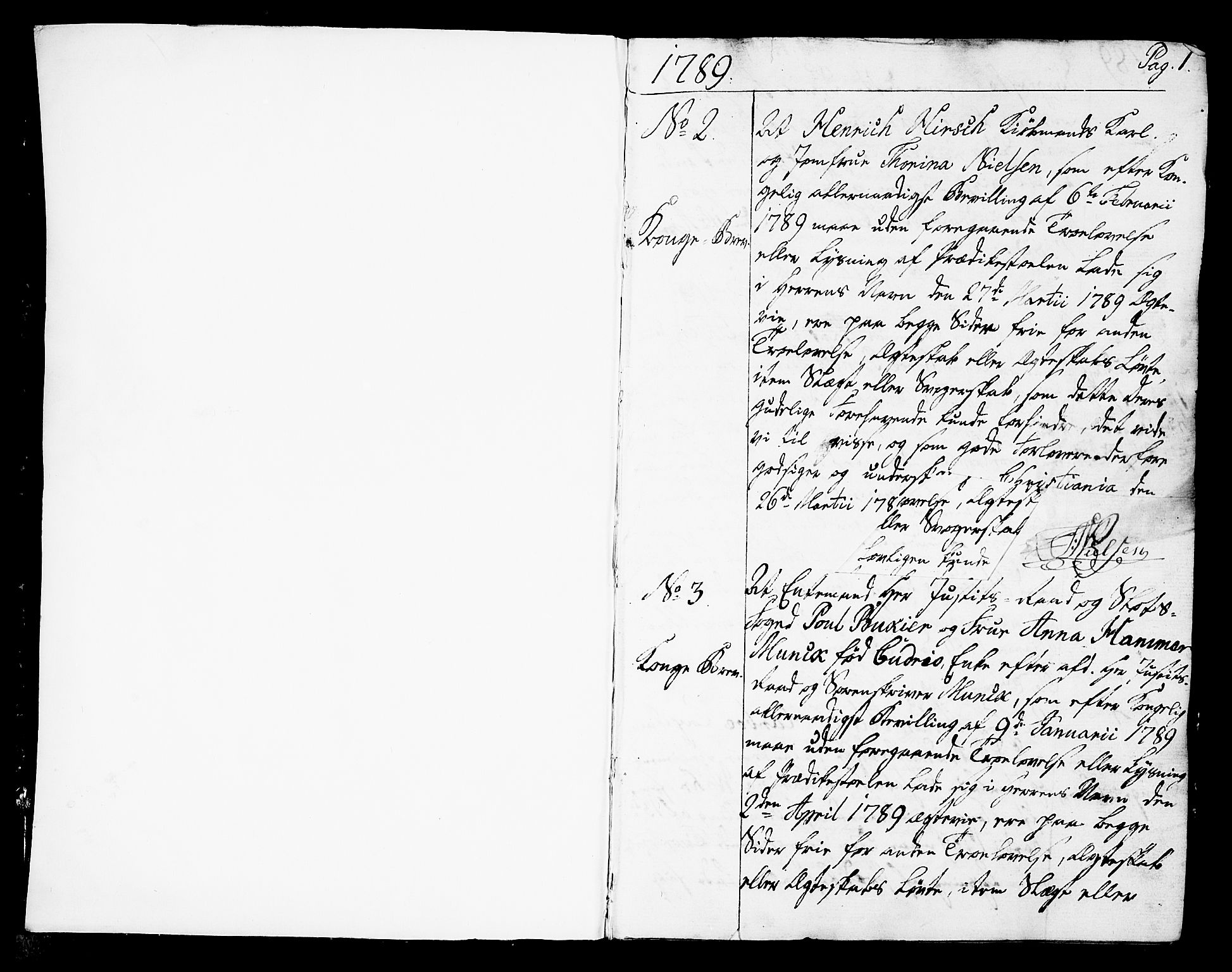 Oslo domkirke Kirkebøker, AV/SAO-A-10752/L/La/L0010: Best man's statements no. 10, 1789-1807, p. 1
