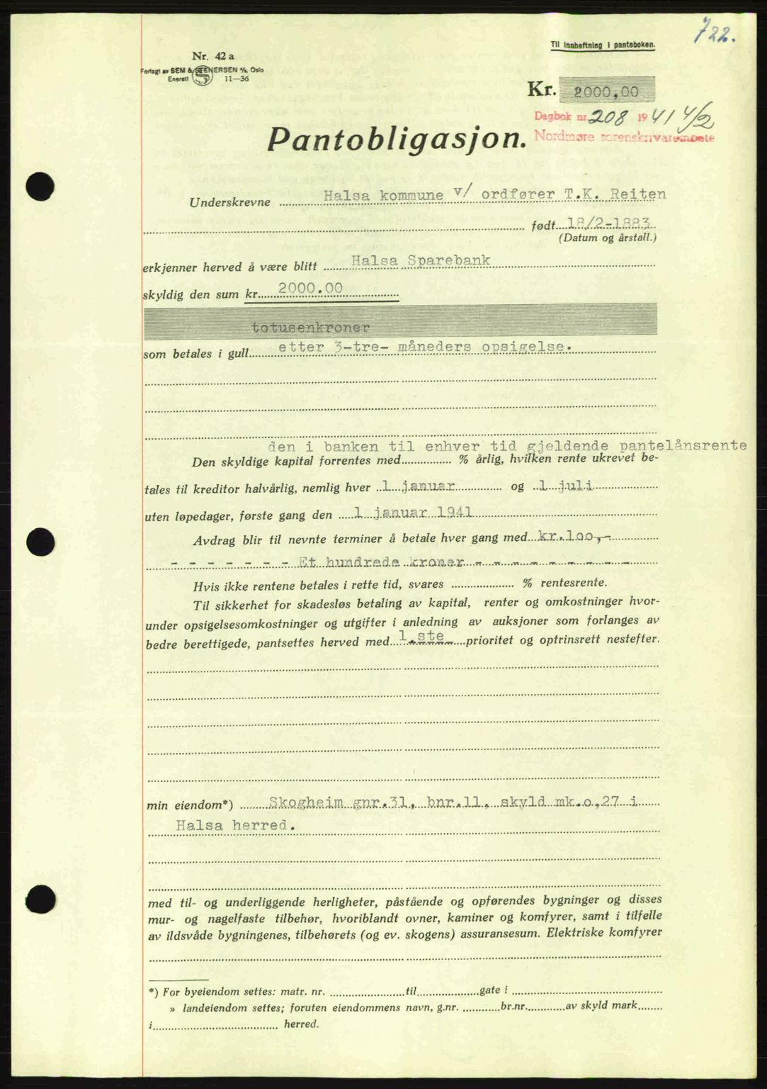 Nordmøre sorenskriveri, AV/SAT-A-4132/1/2/2Ca: Mortgage book no. B87, 1940-1941, Diary no: : 208/1941