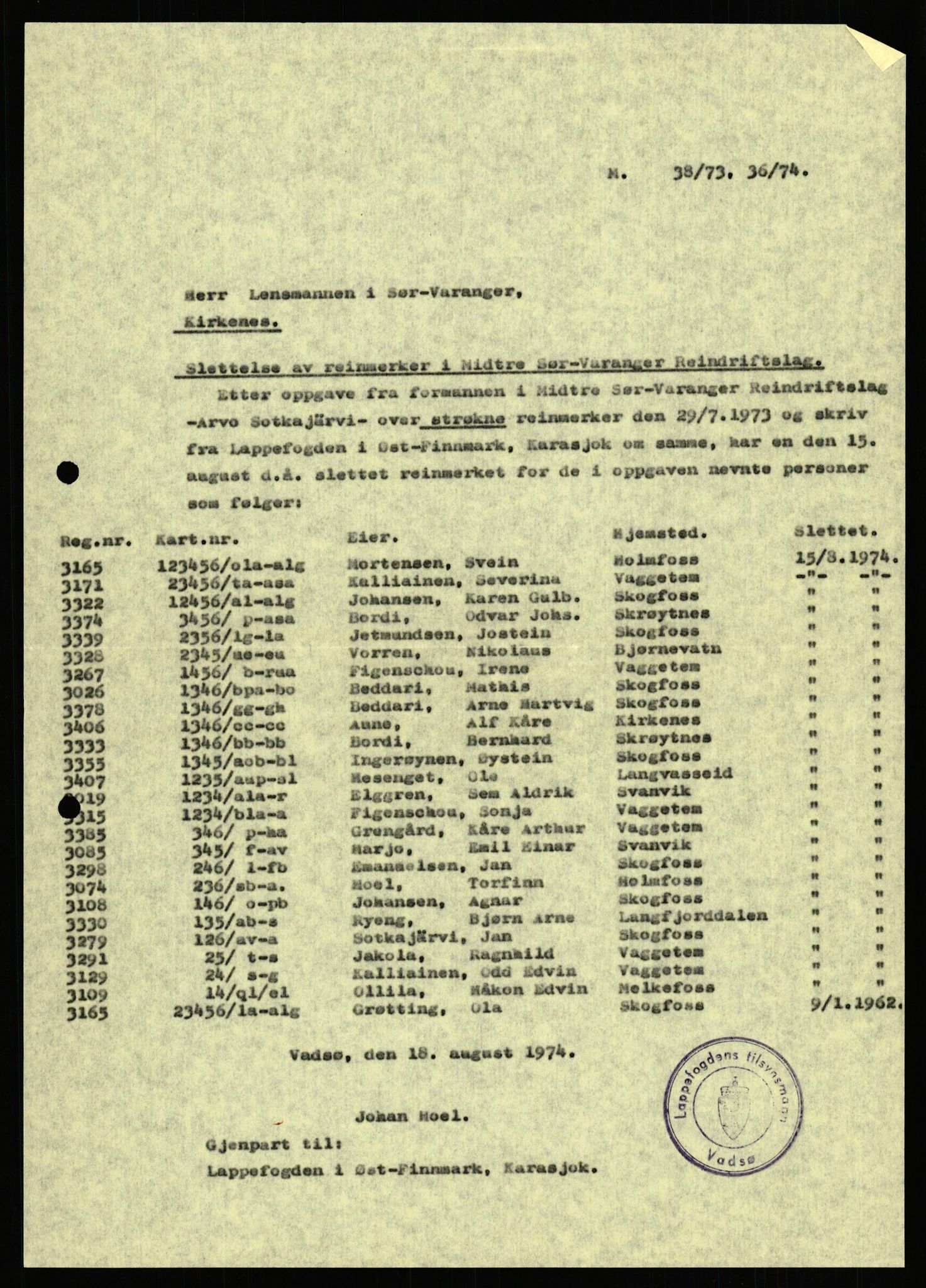 Lappefogden i Finnmark/Reindriftsforvaltningen Øst-Finnmark, AV/SATØ-S-1461/G/Ge/Gea/L0007: Slettede reinmerker: Karasjok, Kautokeino, Polmak og Varanger, 1934-1992, p. 492