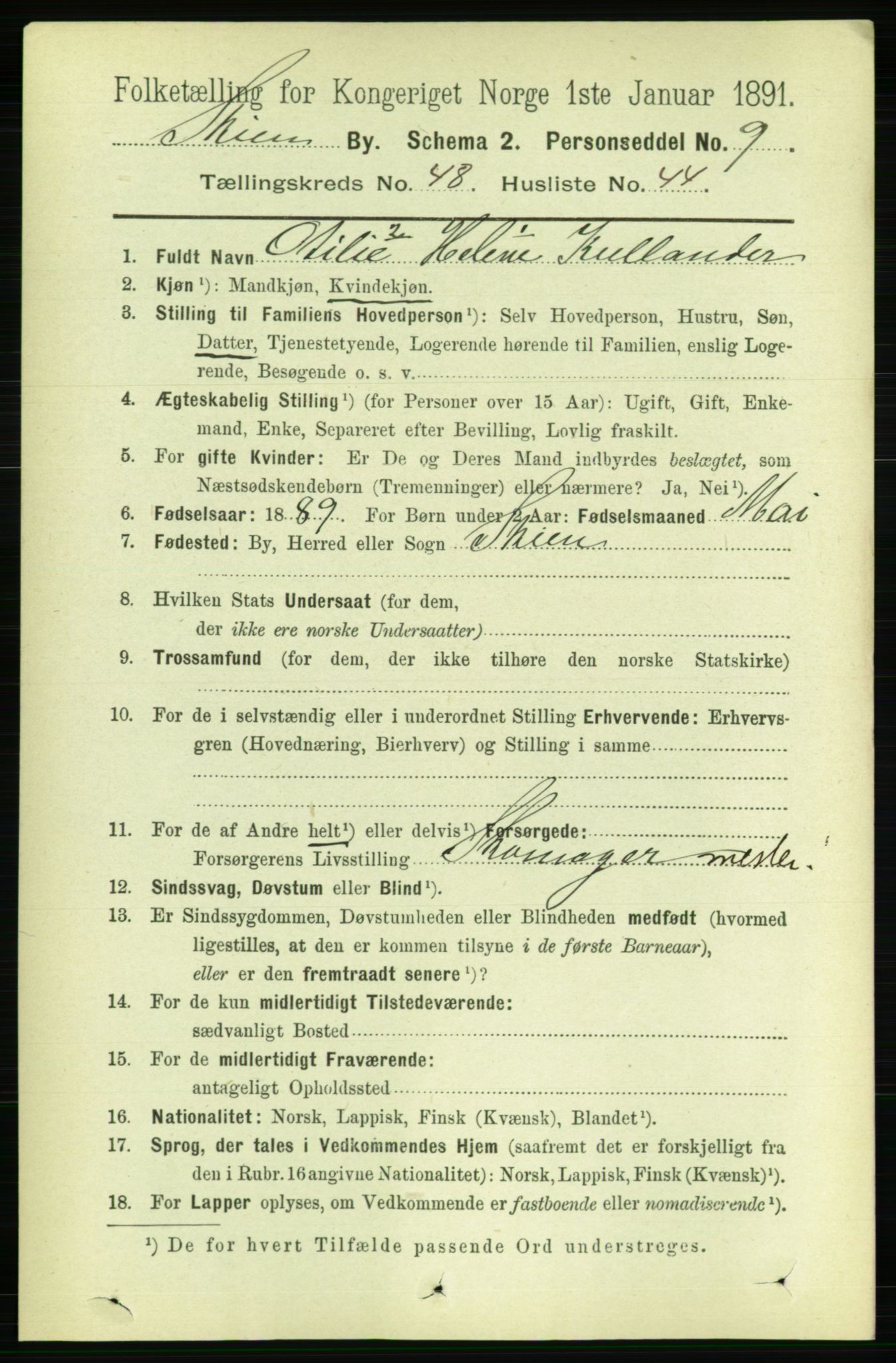 RA, 1891 census for 0806 Skien, 1891, p. 10210