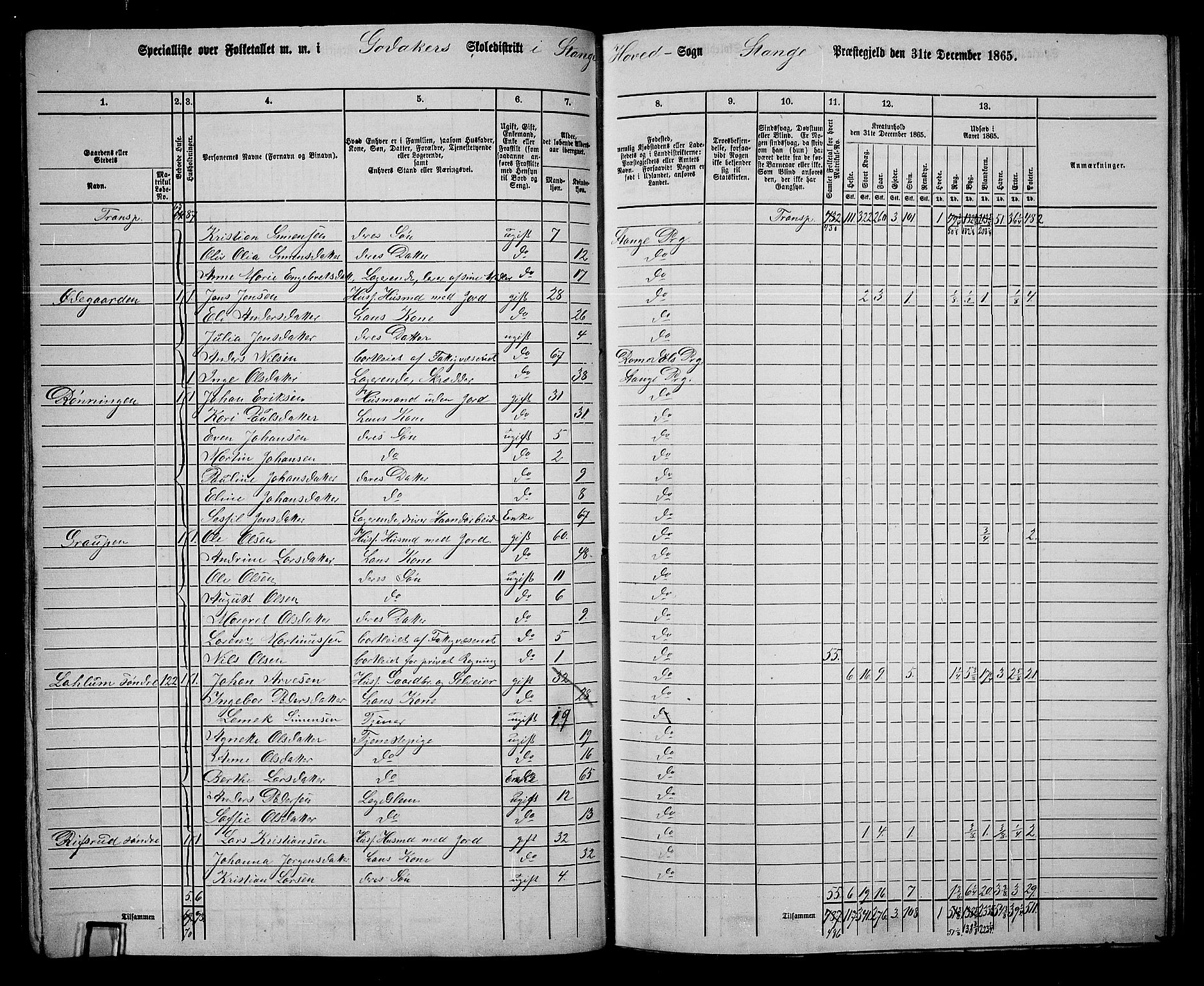 RA, 1865 census for Stange, 1865, p. 97